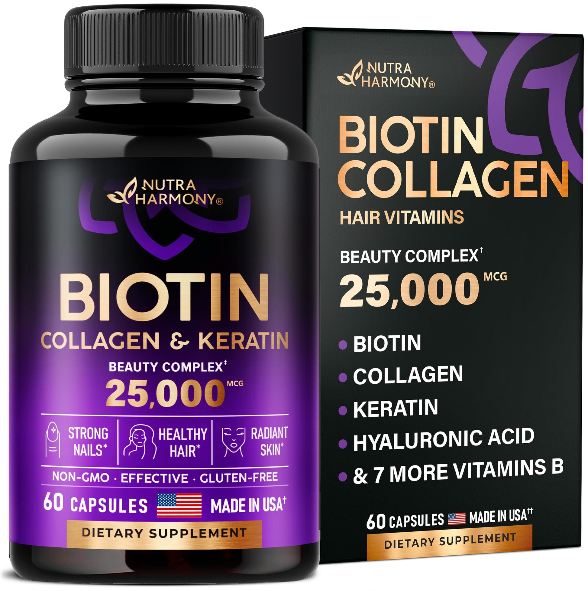 Biotin | Collagen | Keratin | Hyaluronic Acid - Hair Growth Support Pills, 25000 mcg NUTRAHARMONYAu supplements