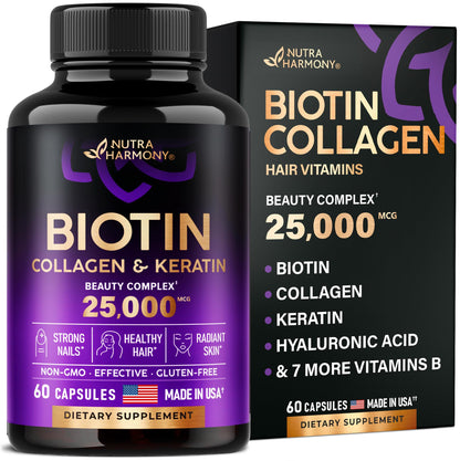Biotin | Collagen | Keratin | Hyaluronic Acid - Hair Growth Support Pills, 25000 mcg NUTRAHARMONYUS supplements