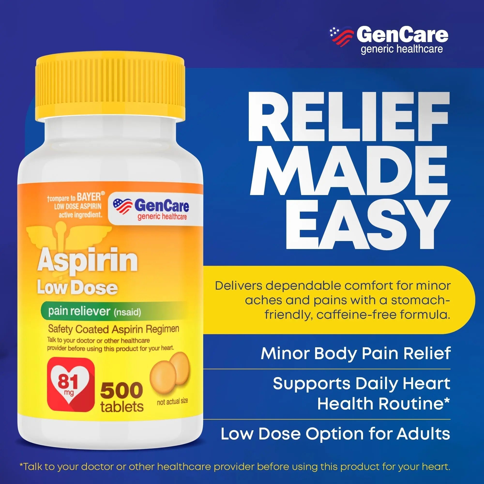 GenCare - Low Dose Aspirin 81mg for Adults Coated (NSAID) 500 Tablets | Adult Low Dose | Enteric Coated Aspirin Pills | Muscle Pain & Menstrual Pain Relief | Fever Reducer | Generic Bayer GenCareAu supplements