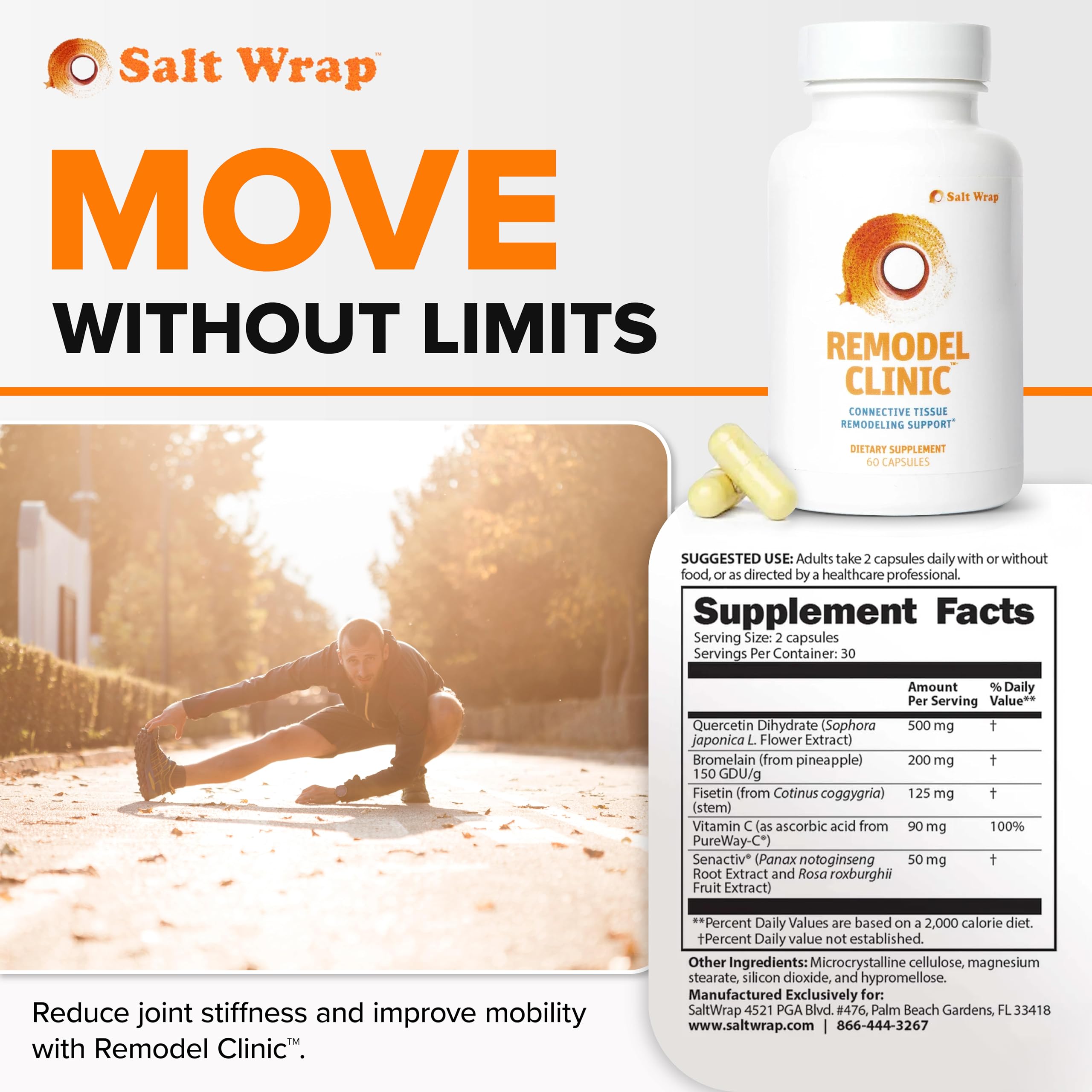 SaltWrap Remodel Clinic - Joint Remodeling Supplement for Senescent Cell Removal and Scar Tissue - Improve Mobility, Reduce Connective Tissue Stiffness - Fisetin, Quercetin, Bromelain - 60 Capsules SaltWrapAu supplements