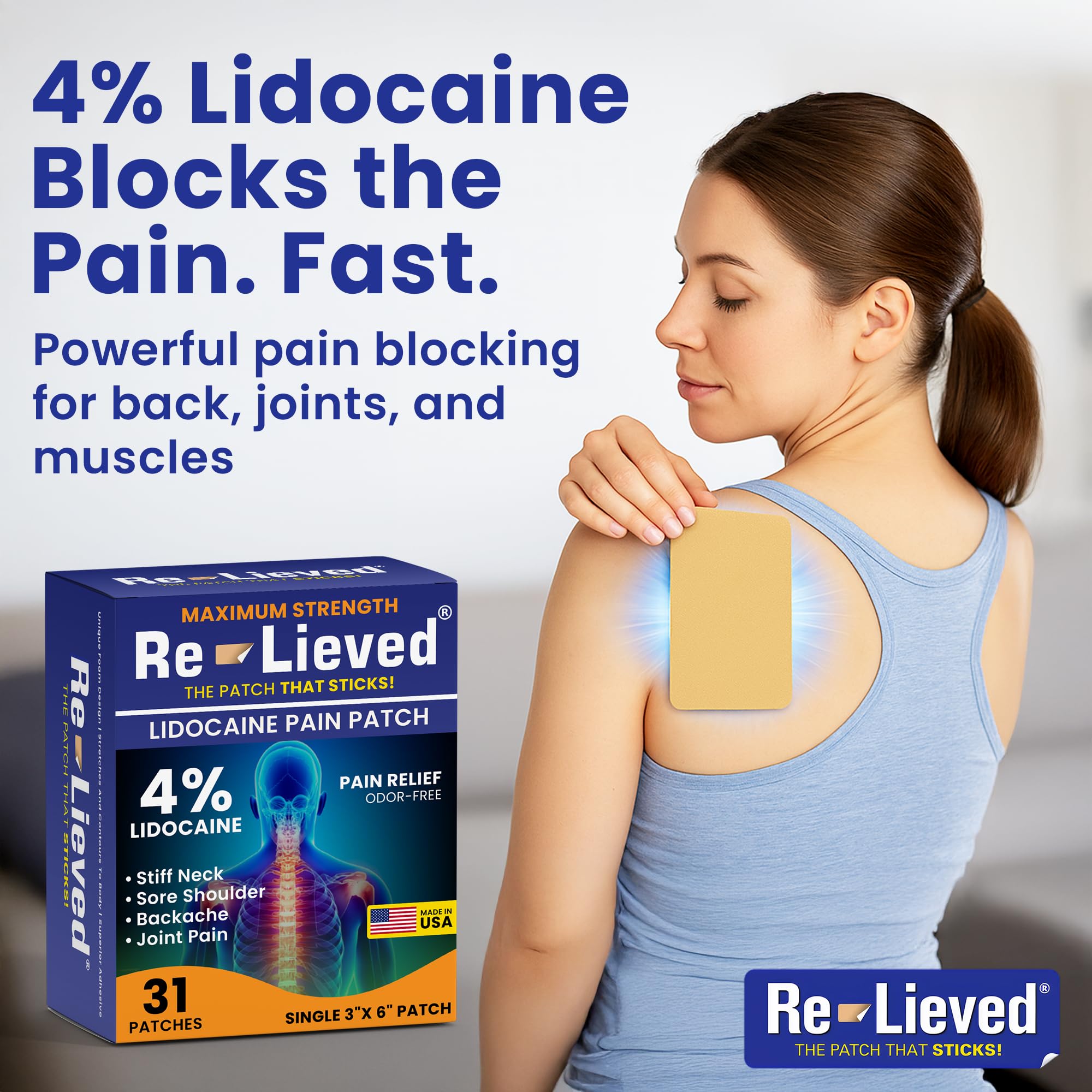 Re-Lieved 4% Lidocaine Patches Maximum Strength - Aluminum-Free, Water Resistant and USA Made -Superior Sticking Pain Relief Patches Quickly Relieves Back, Joints and Muscle Pain-3x6 Inches (31 Count) Re-lievedAu supplements