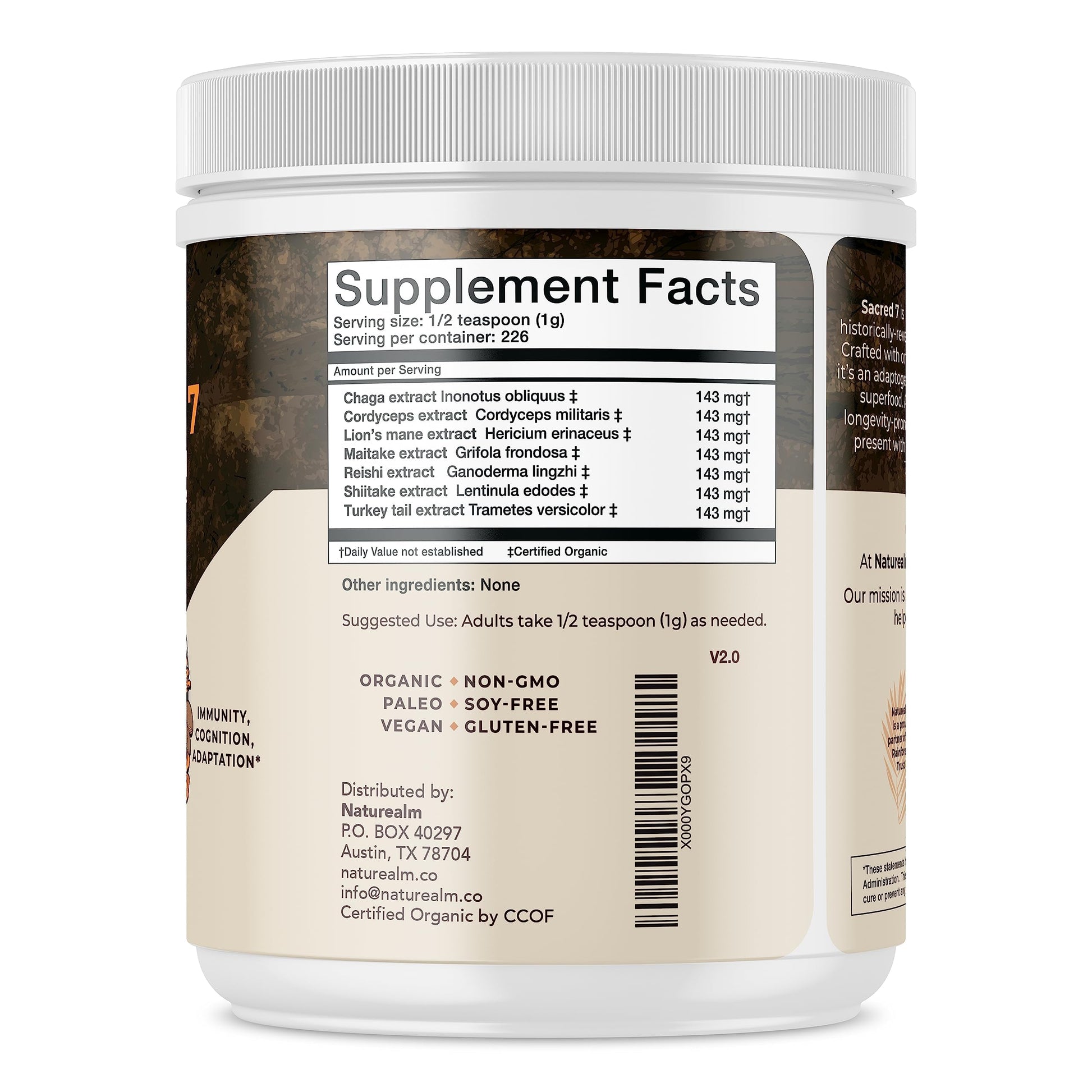 Naturealm Sacred 7 Mushroom Extract Powder - USDA Organic - Lion's Mane, Reishi NaturealmUS supplements