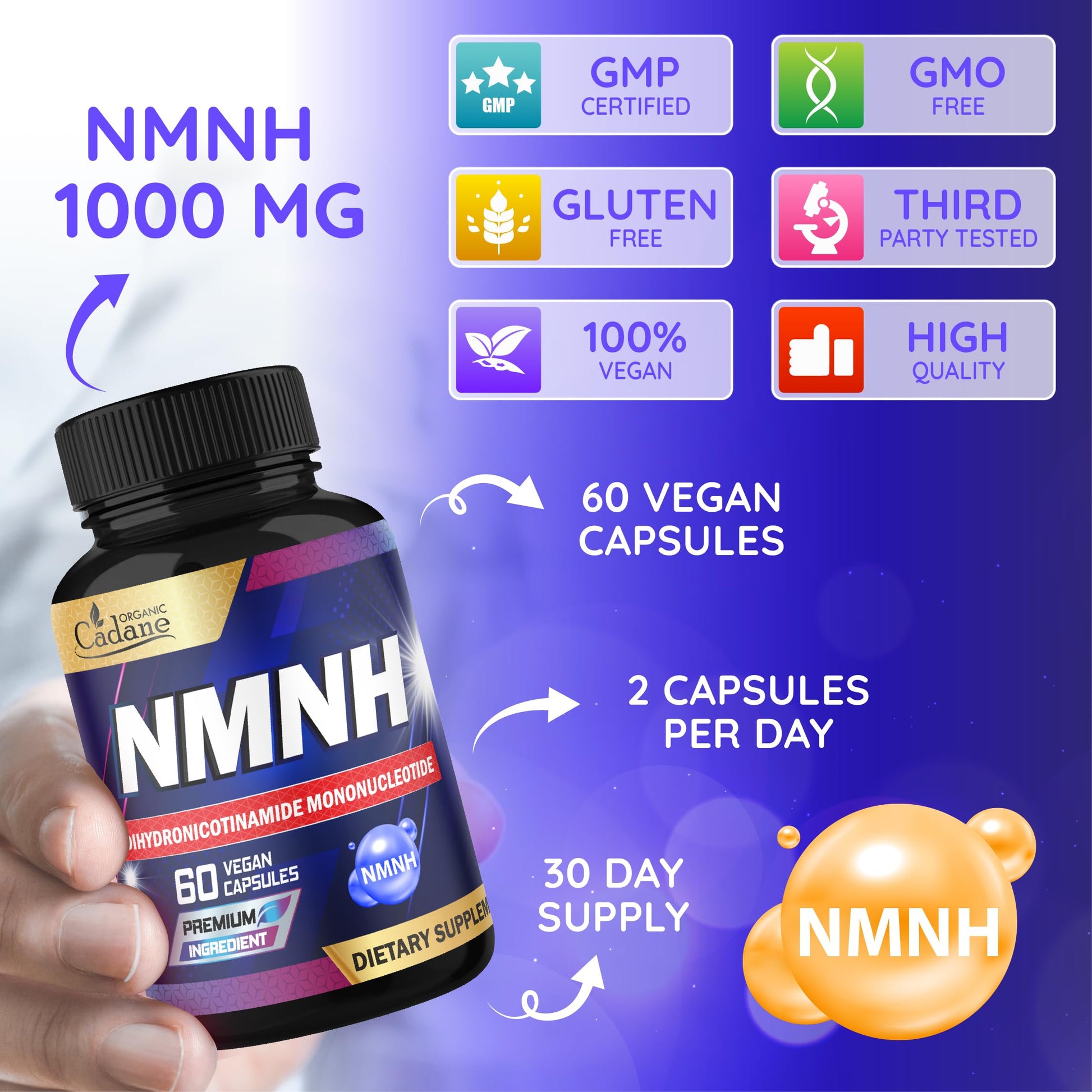 Cadane NMNH Supplement | Support Energy & Healthy Aging | Dihydronicotinamide Mononucleotide | Non-GMO – 60 Capsules – 30-Day Organic CadaneAu supplements
