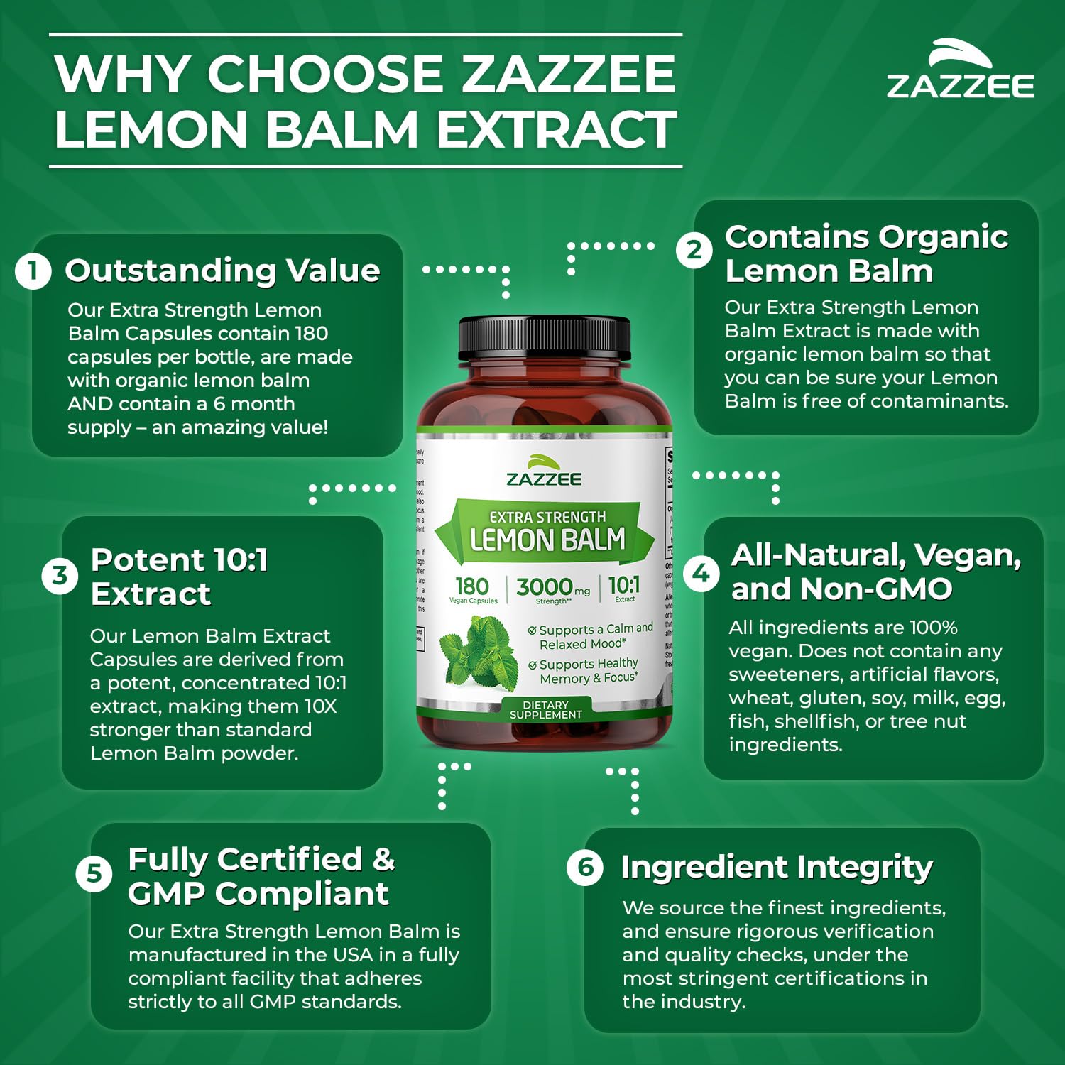 Zazzee Organic Lemon Balm 10:1 Extract, 180 Vegan Capsules, 6 Month Supply, Melissa Officinalis, Calm, Mood, Stress & Relaxation Support, Herbal Supplement, All-Natural, Non-GMO, Made in the USA ZazzeeAu supplements