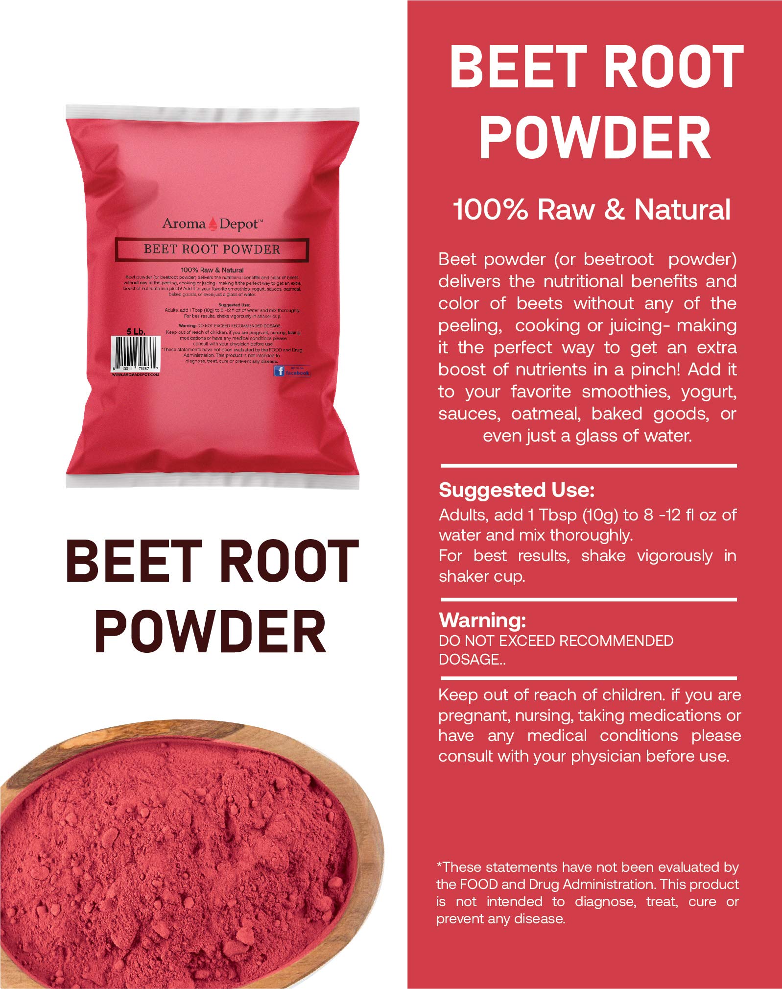 Beet Root Powder 5 lb. by Aroma Depot Raw & Non-GMO I Vegan & Gluten Free I Nitric Oxide Aroma DepotAu supplements