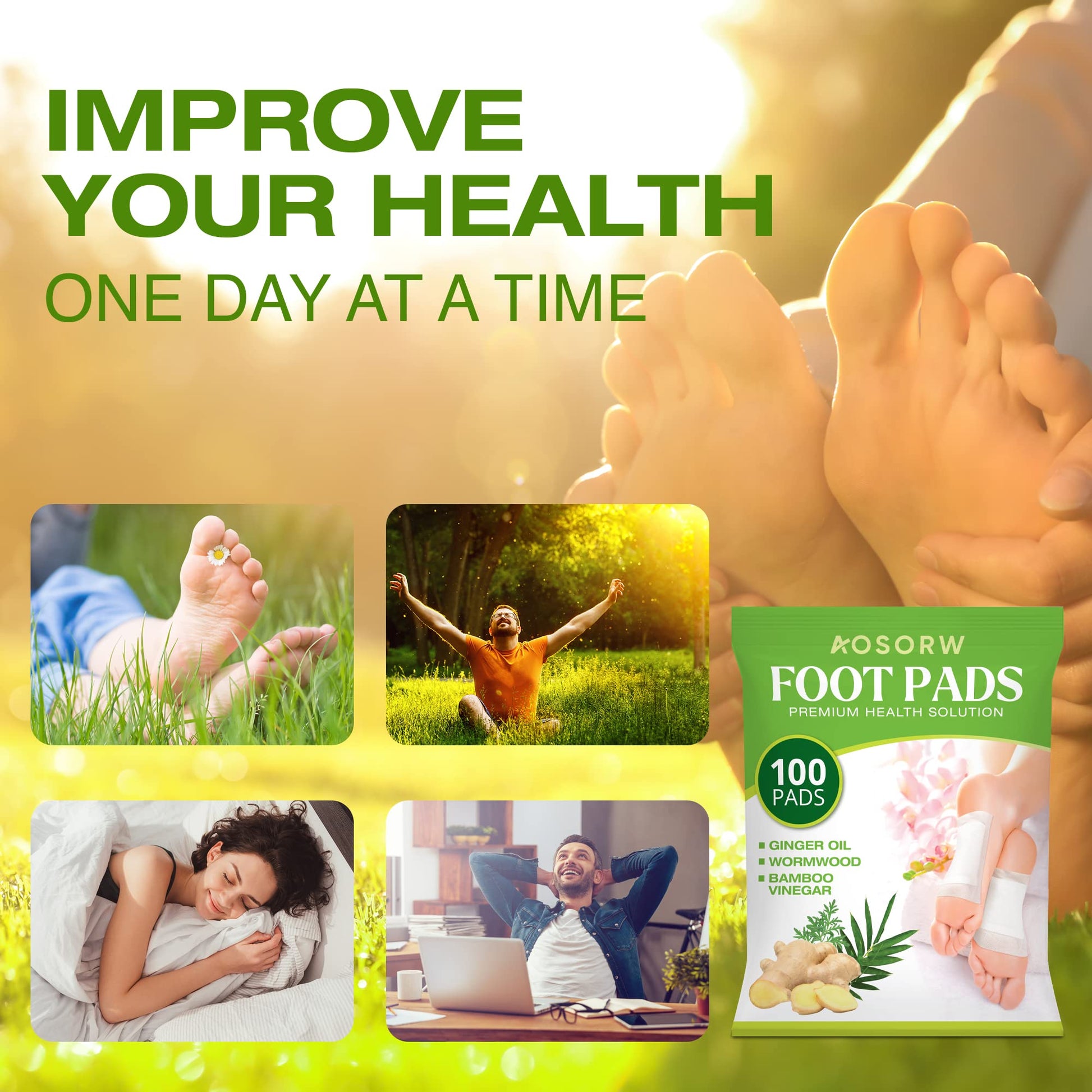 AOSORW 100 Pack Foot Pads, Ginger Oil Bamboo Charcoal Foot Pads, Foot Care Patch AOSORWAu supplements