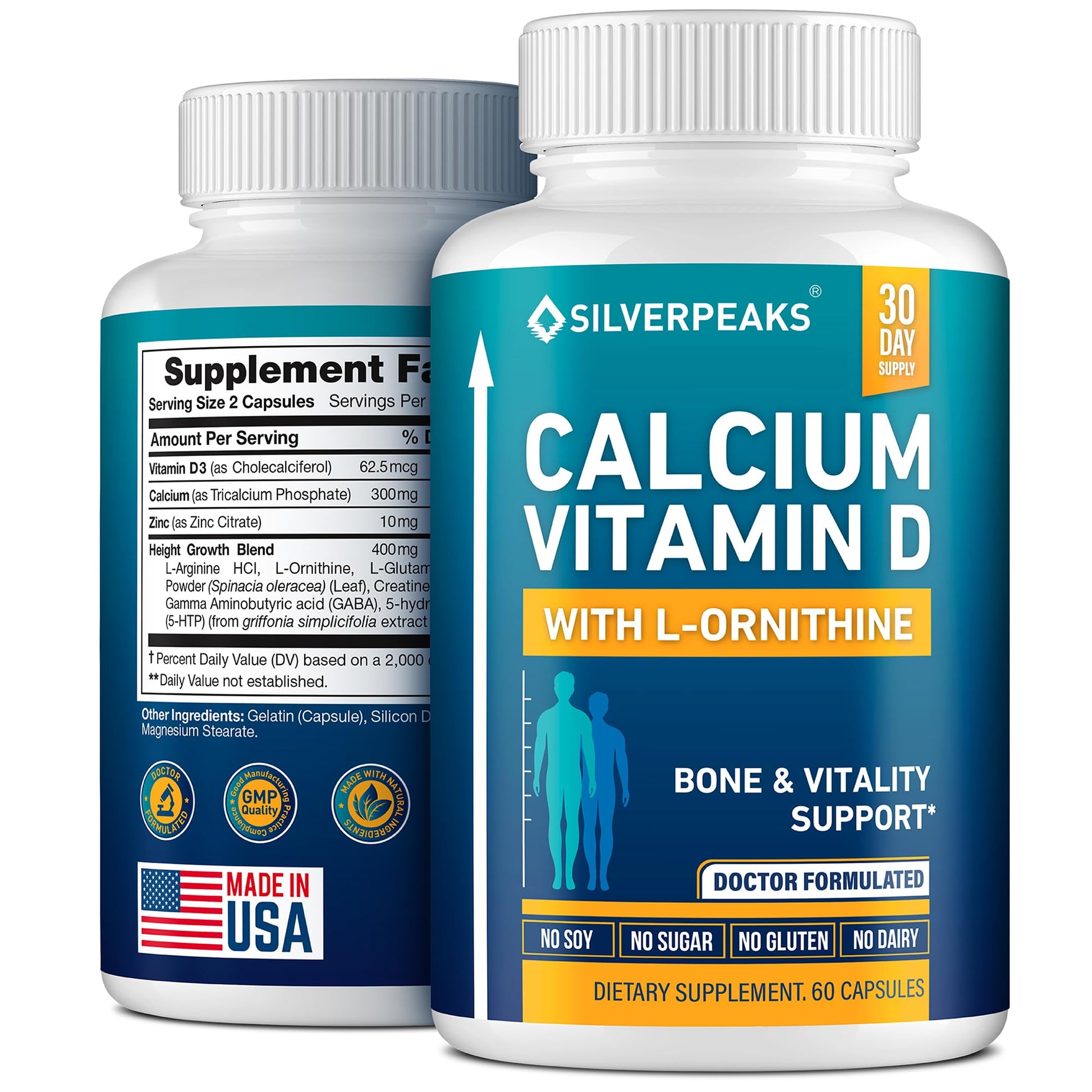 Calcium Supplement with Vitamin D3 and Zinc for Bone Health – Supports Bone Strength & Density – Gentle Non-Constipating Mineral & Amino Acids Blend for Women & Men - 60 Capsules (30 Day Supply) SILVERPEAKSAu supplements