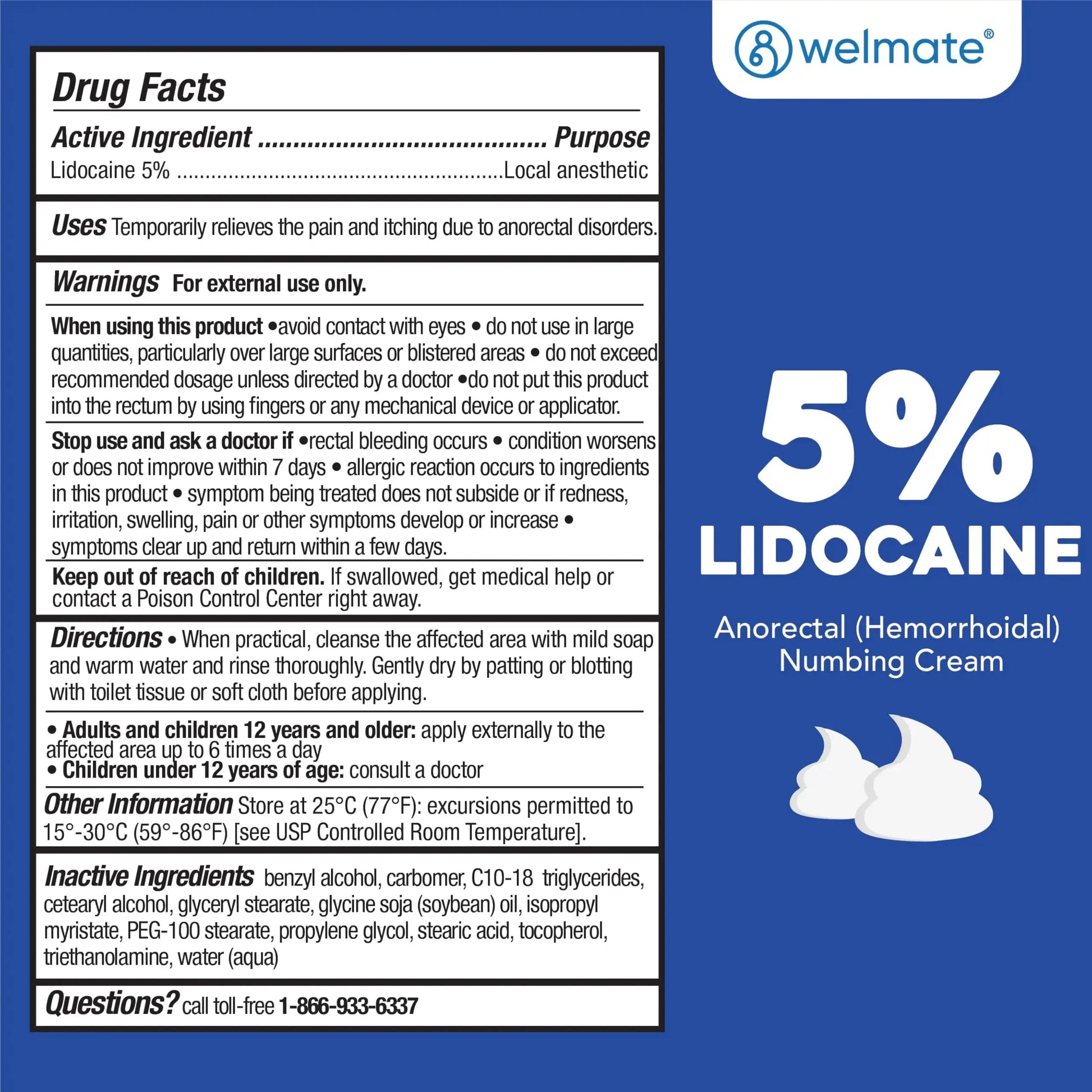 WELMATE 5% Lidocaine Cream for Hemorrhoids – Fast-Acting Lidocaine Numbing Cream & Topical Analgesic Cream for Anorectal Itch Relief, Unscented, Child Resistant Packaging 2 oz (60g) WELMATEAu supplements