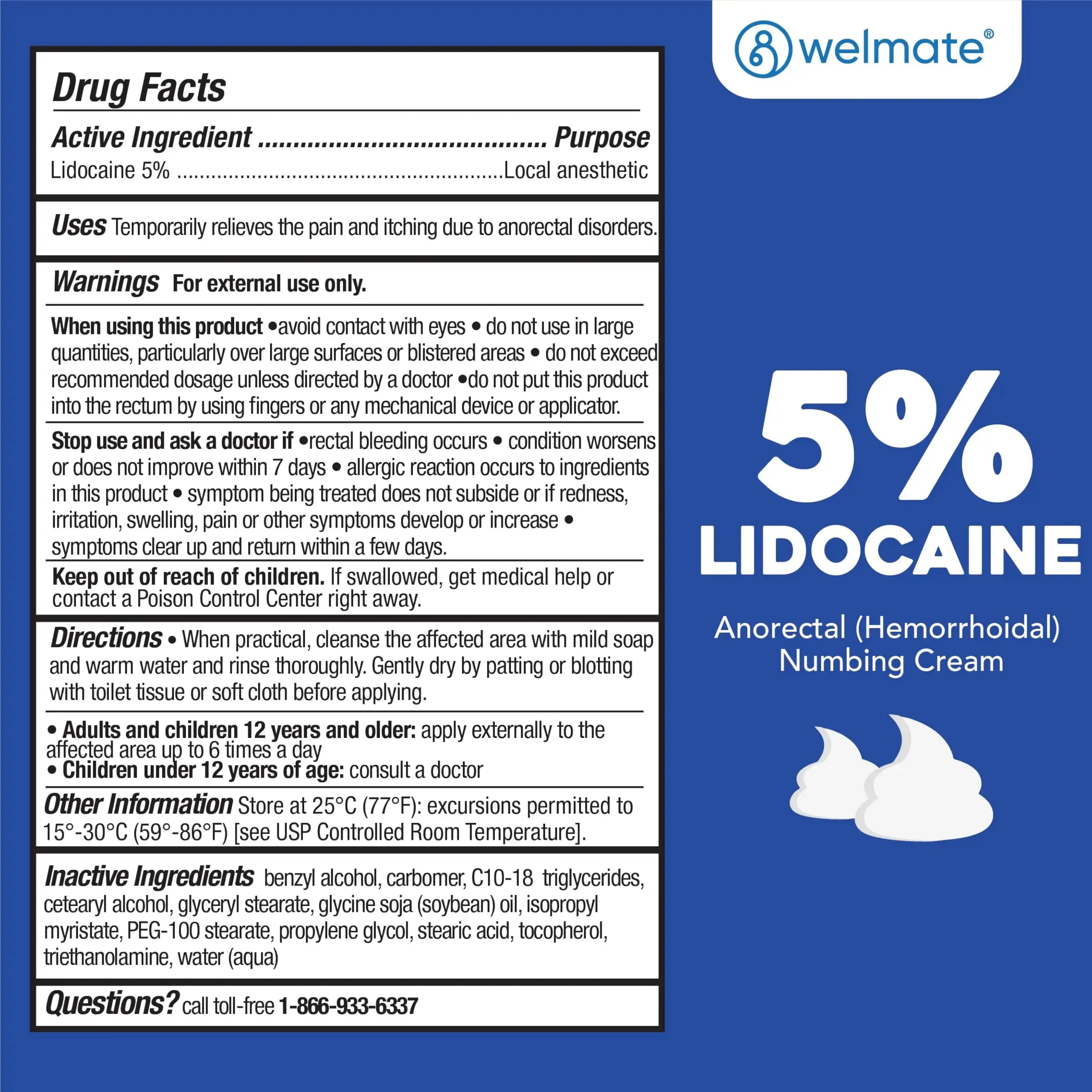 WELMATE 5% Lidocaine Cream for Hemorrhoids – Fast-Acting Lidocaine Numbing Cream & Topical Analgesic Cream for Anorectal Itch Relief, Unscented, Child Resistant Packaging 2 oz (60g) WELMATEAu supplements