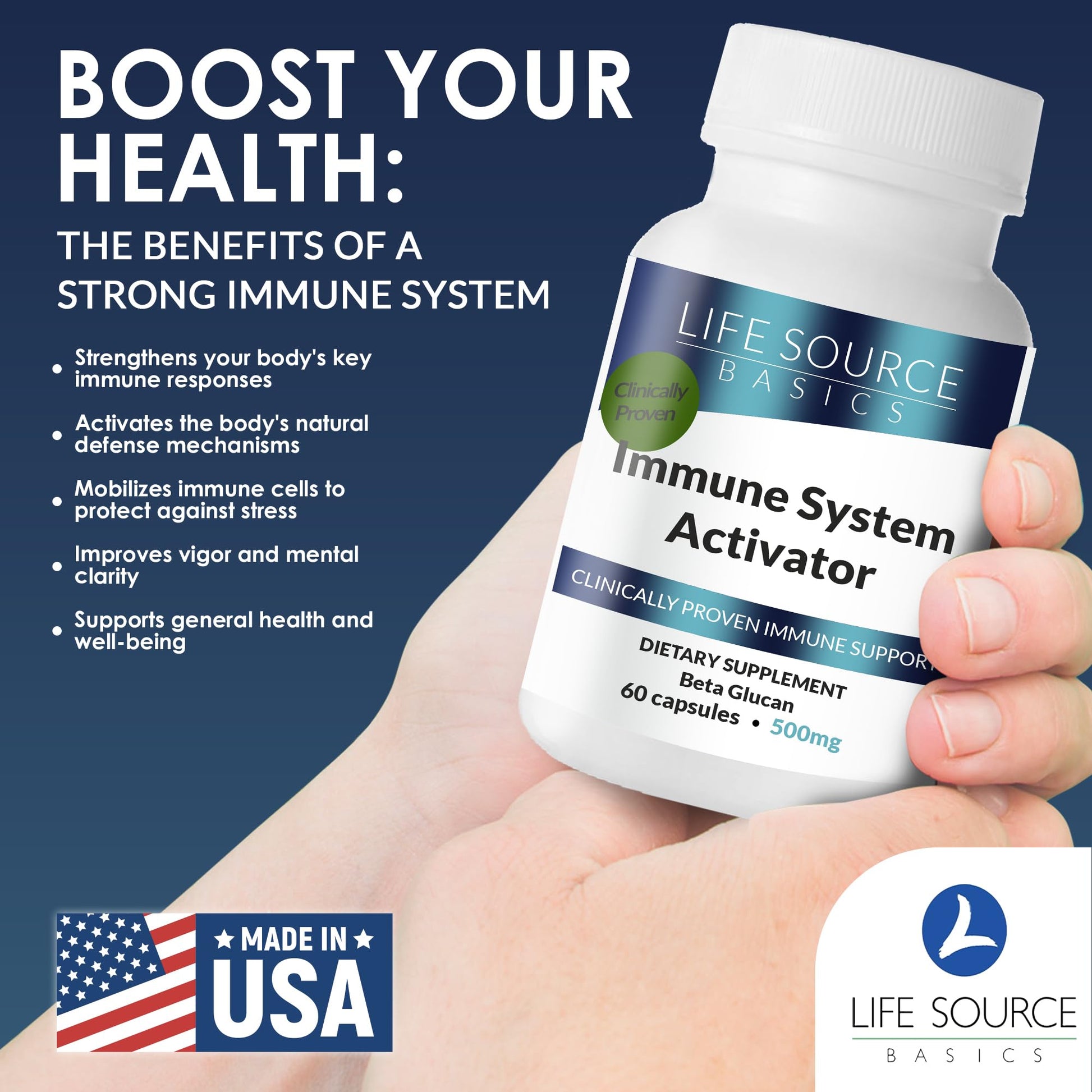 Life Source Basics Immune System Support Activator - High Purity Beta 1,3/1,6 Glucan - Immunity and Vitamin Supplement Non-GMO & Vegan Friendly for Men & Women, Gluten-Free 500 mg - 60 Capsules L LIFE SOURCE BASICSAu supplements