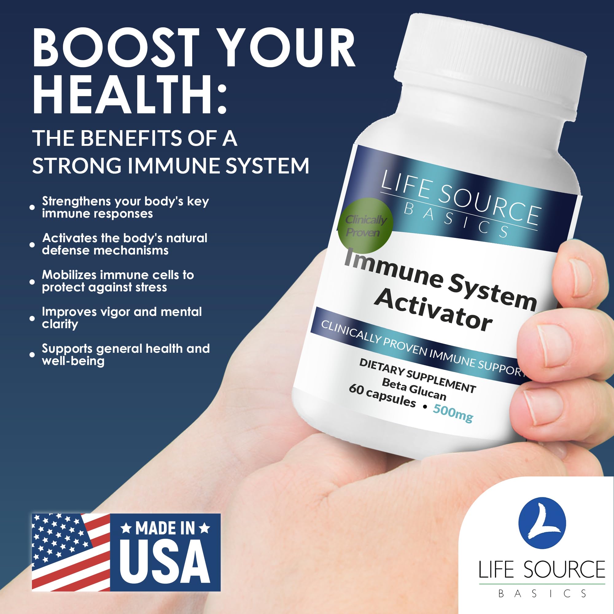 Life Source Basics Immune System Support Activator - High Purity Beta 1,3/1,6 Glucan - Immunity and Vitamin Supplement Non-GMO & Vegan Friendly for Men & Women, Gluten-Free 500 mg - 60 Capsules L LIFE SOURCE BASICSAu supplements