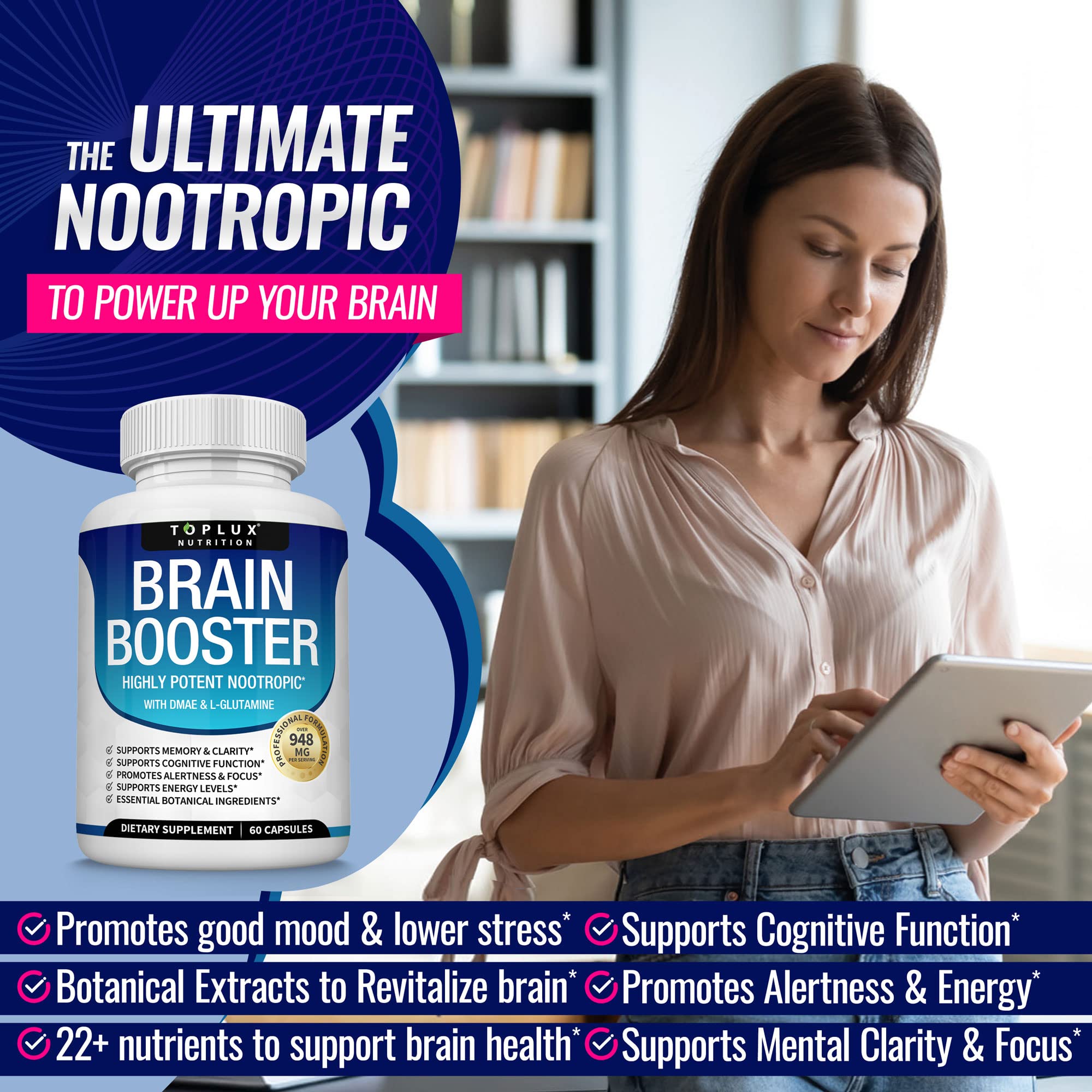 Toplux Brain Supplement Nootropic – Brain Pills Vitamin with DMAE, Bacopa Monnieri, L-Gutamine, for Men Women, 60 Capsules, Nutrition TopluxAu supplements