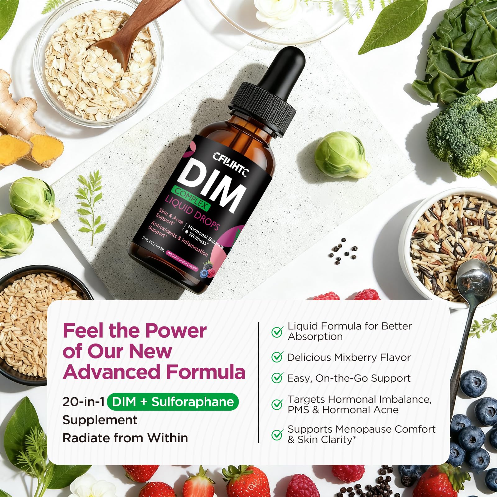 DIM Liquid Drops Supplement Women – Hormone Harmony for Women & Acne Supplements with Multivitamins, Inositol, Sulforaphane - Hormone Balance, Clear Skin & Mood Support, Mixed Berry Flavor 2 Fl Oz CFILIHTCAu supplements