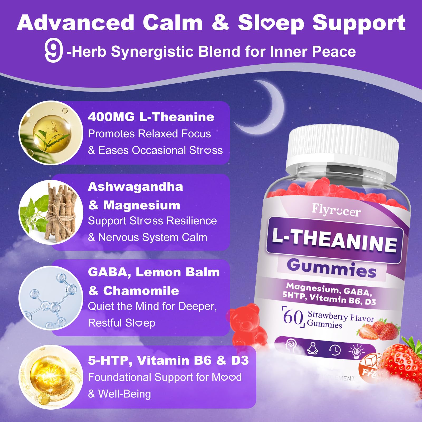 Sugar Free L-Theanine Gummies, L Theanine Supplement for Adults & Kids, L'Theanine with Ashwagandha, Magnesium, 5HTP & GABA - Support Calm, Relax, zzZ, Focus, Vegan Strawberry Flavor, 60 Count FlyrocerAu supplements