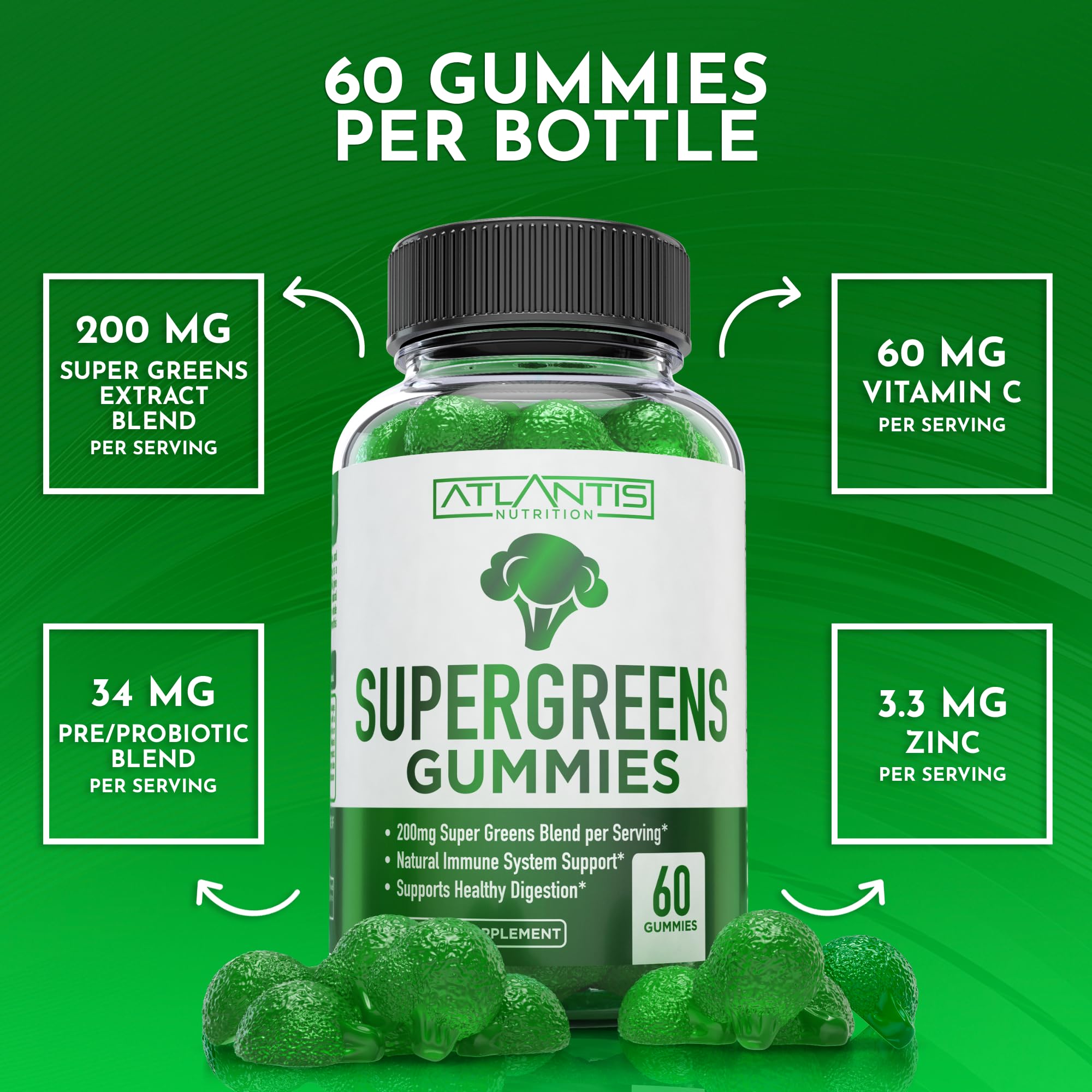 Atlantis Nutrition Supergreens Gummies - Daily Green Superfoods Supplement with Spinach, Broccoli, Moringa, Beet Root, Celery, Green Tea, & Acai for Immunity Support - Natural Raspberry Flavor, 60 cnt Atlantis NutritionAu supplements