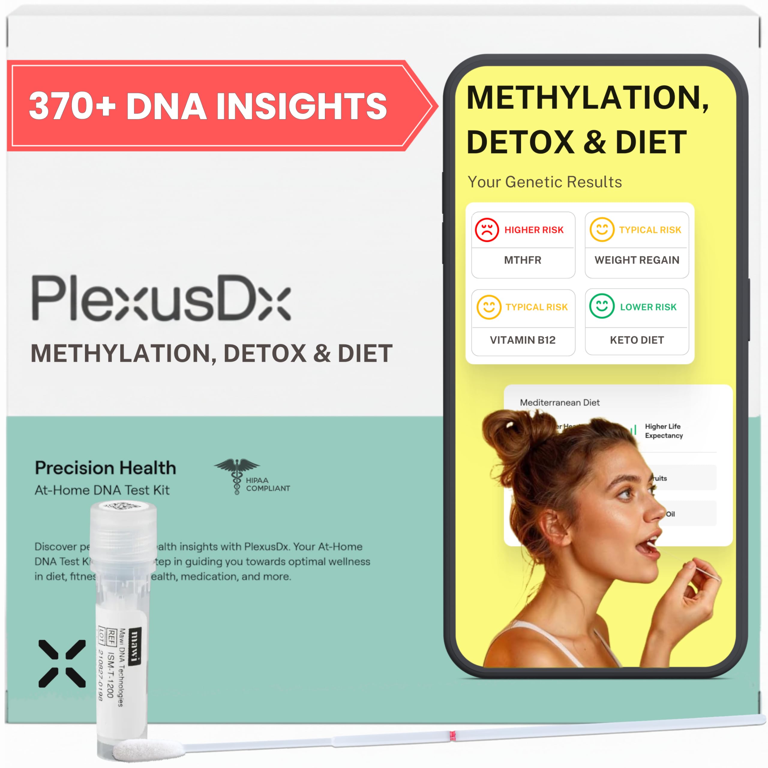 Genetic Methylation Test Kit & MTHFR Testing Kit | 370+ DNA Reports Including MTHFR Gene Variants, COMT, Folate, B12, Riboflavin, Choline, Glucose, Keto Diet | Supplement & Diet Recommendations PlexusDXAu supplements