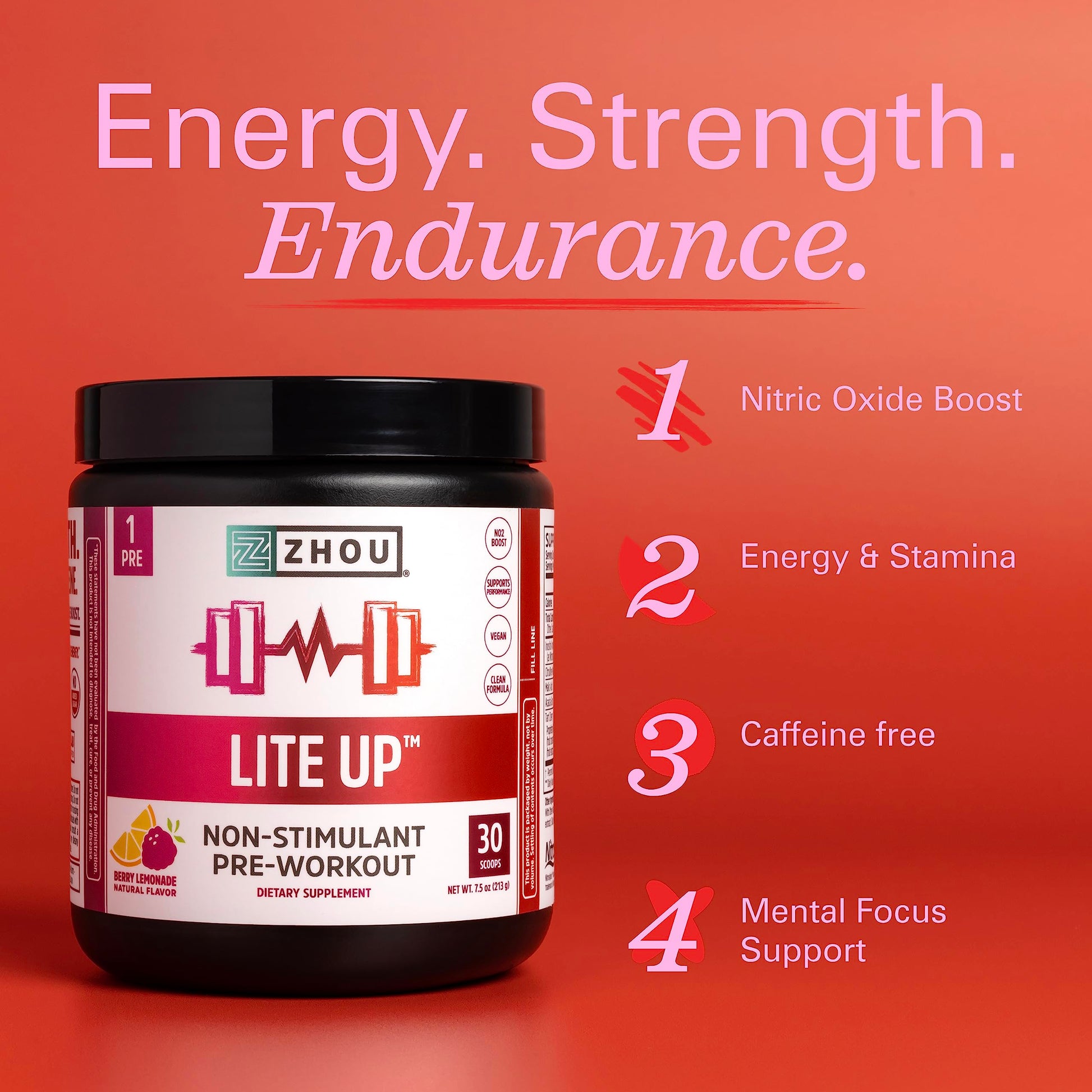 Zhou Nutrition Lite Up, Non-Stimulant Pre Workout Powder, Caffeine Free Nitric Oxide Zhou NutritionUS supplements