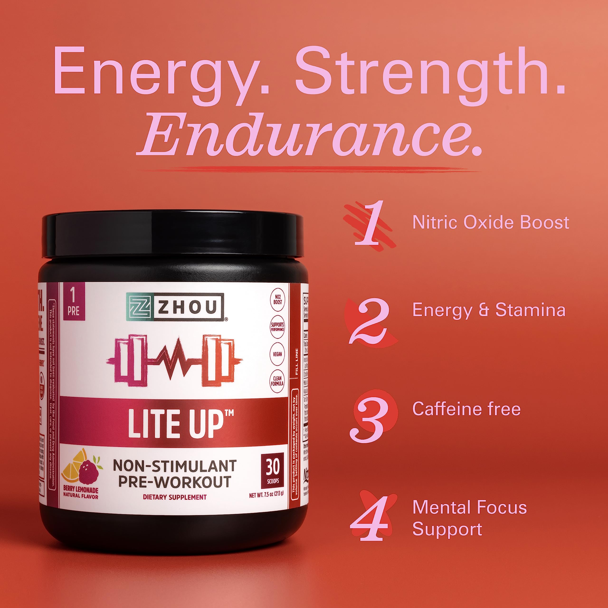 Zhou Nutrition Lite Up, Non-Stimulant Pre Workout Powder, Caffeine Free Nitric Oxide Zhou NutritionUS supplements