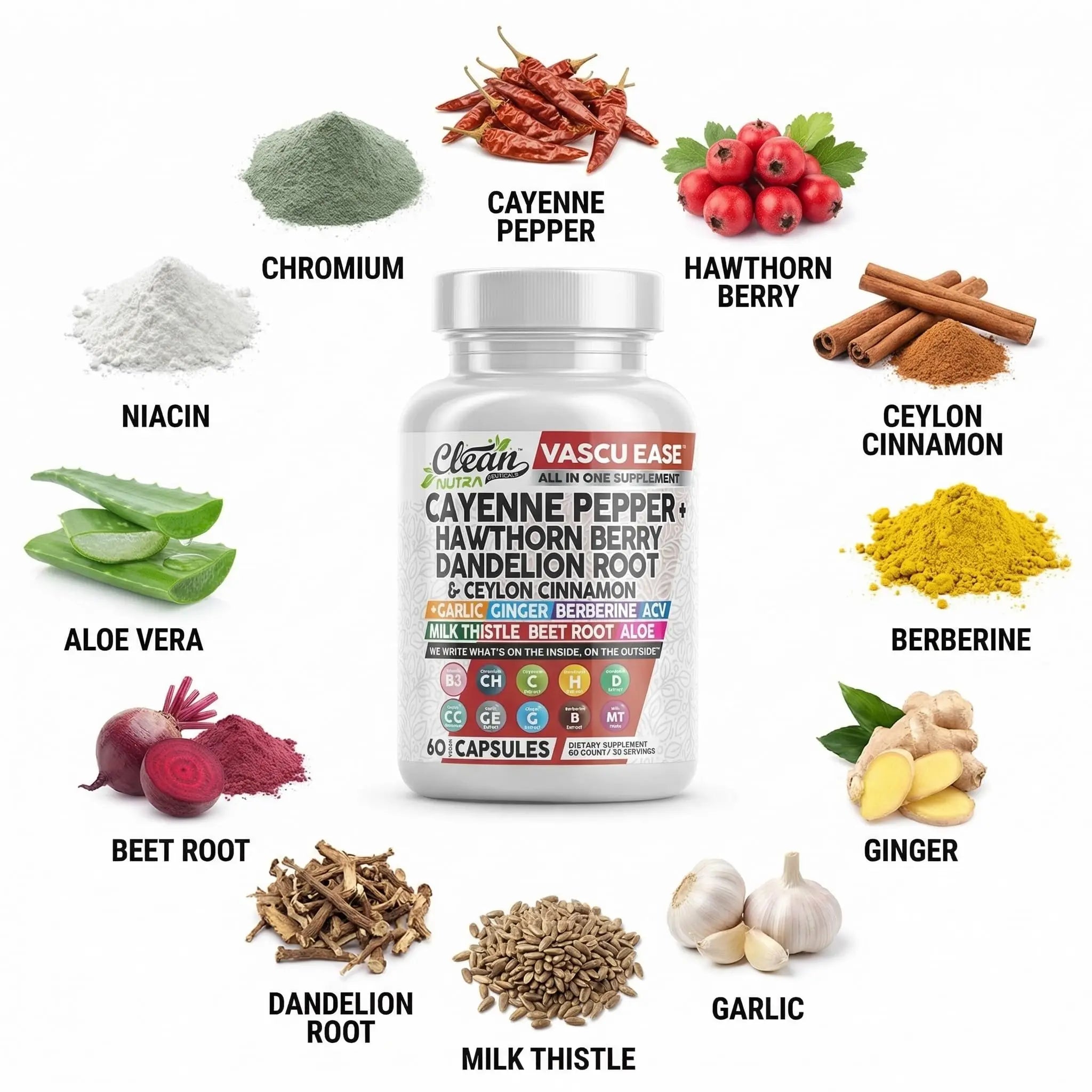 Clean Nutra Cayenne Pepper Capsules Supplement with Hawthorn Berry, Dandelion Root, Ceylon Cinnamon, Garlic, Ginger, Berberine, Apple Cider Vinegar, Milk Thistle, Beet Root, Aloe Vera Pills & More Clean Nutraceuticalsnz supplements