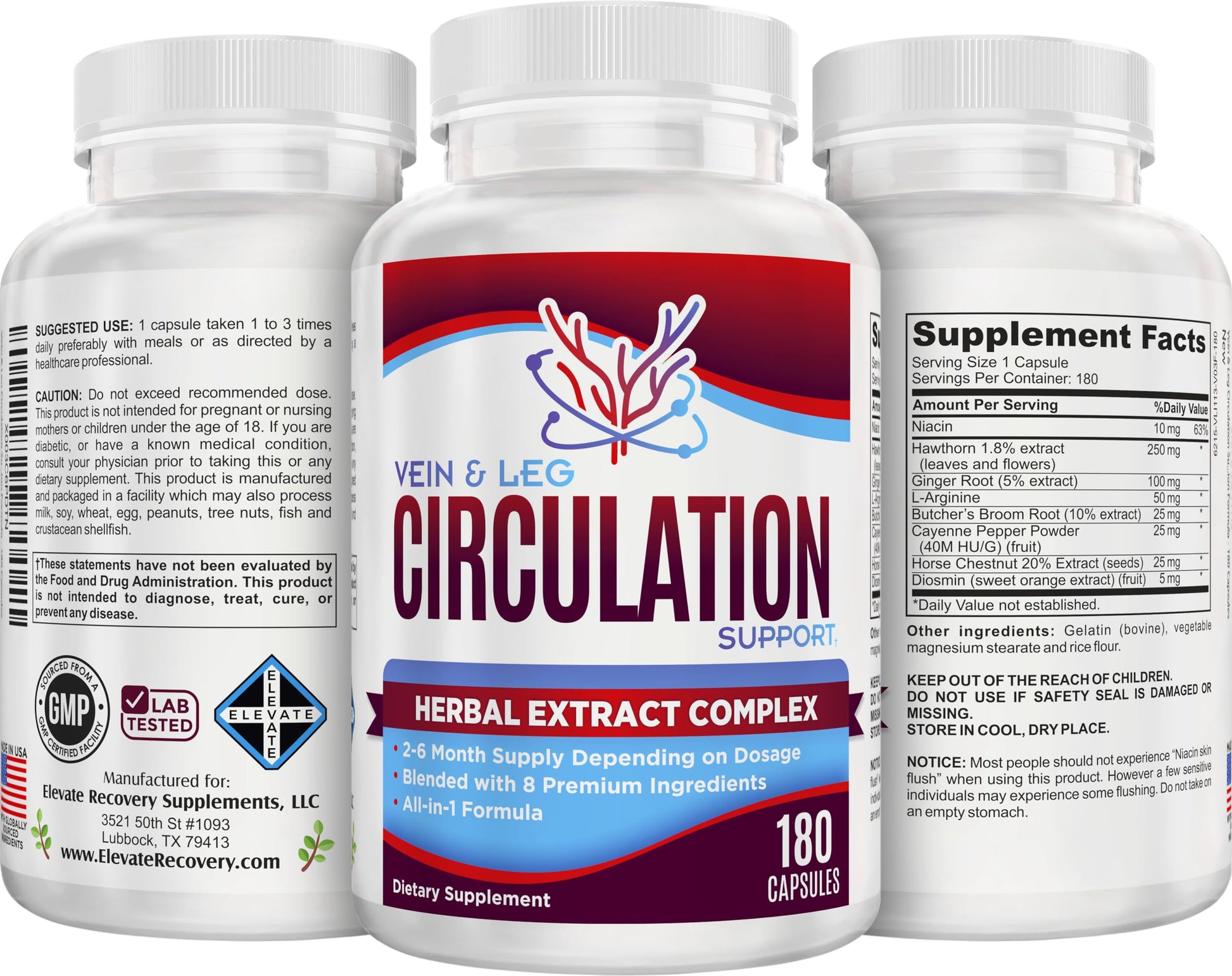 Vein & Leg Circulation (2-Month) Support Supplement with 8 Active Ingredients in 1 Formula | Leg + Vein | Blood Circulation Support Supplements | 60-Day Bulk Supply | 180 Capsules Elevate Recovery SupplementsAu supplements