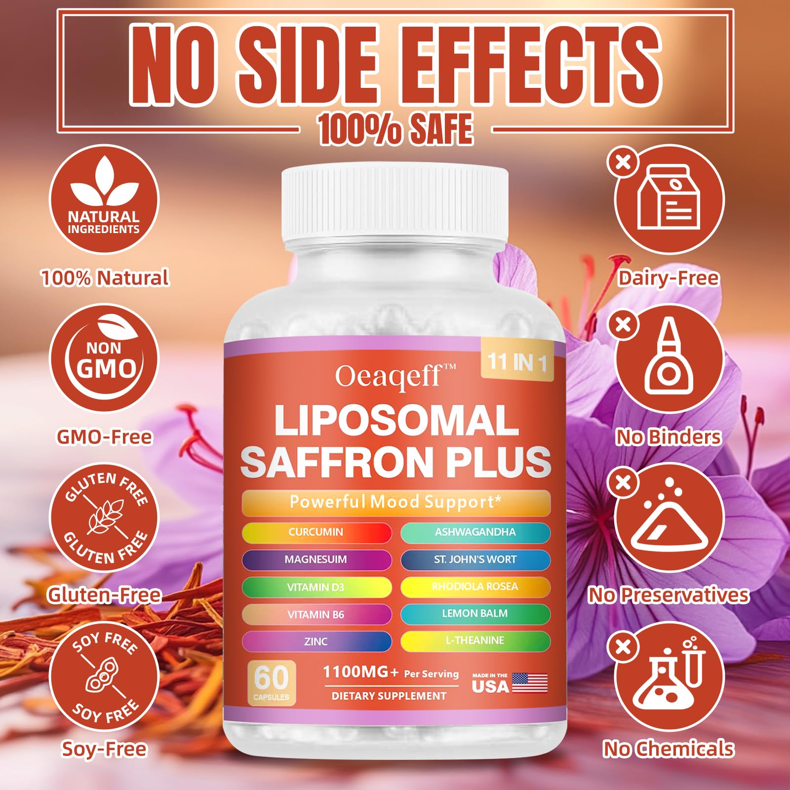 Oeaqeff Liposomal Saffron Supplements -11 in 1 100% Pure Saffron Extract 88.5 mg Maximum Absorption for Mood, Energy & Vision,Vegan, Non-GMO - 60 Vegan Capsules (1) OeaqeffAu supplements