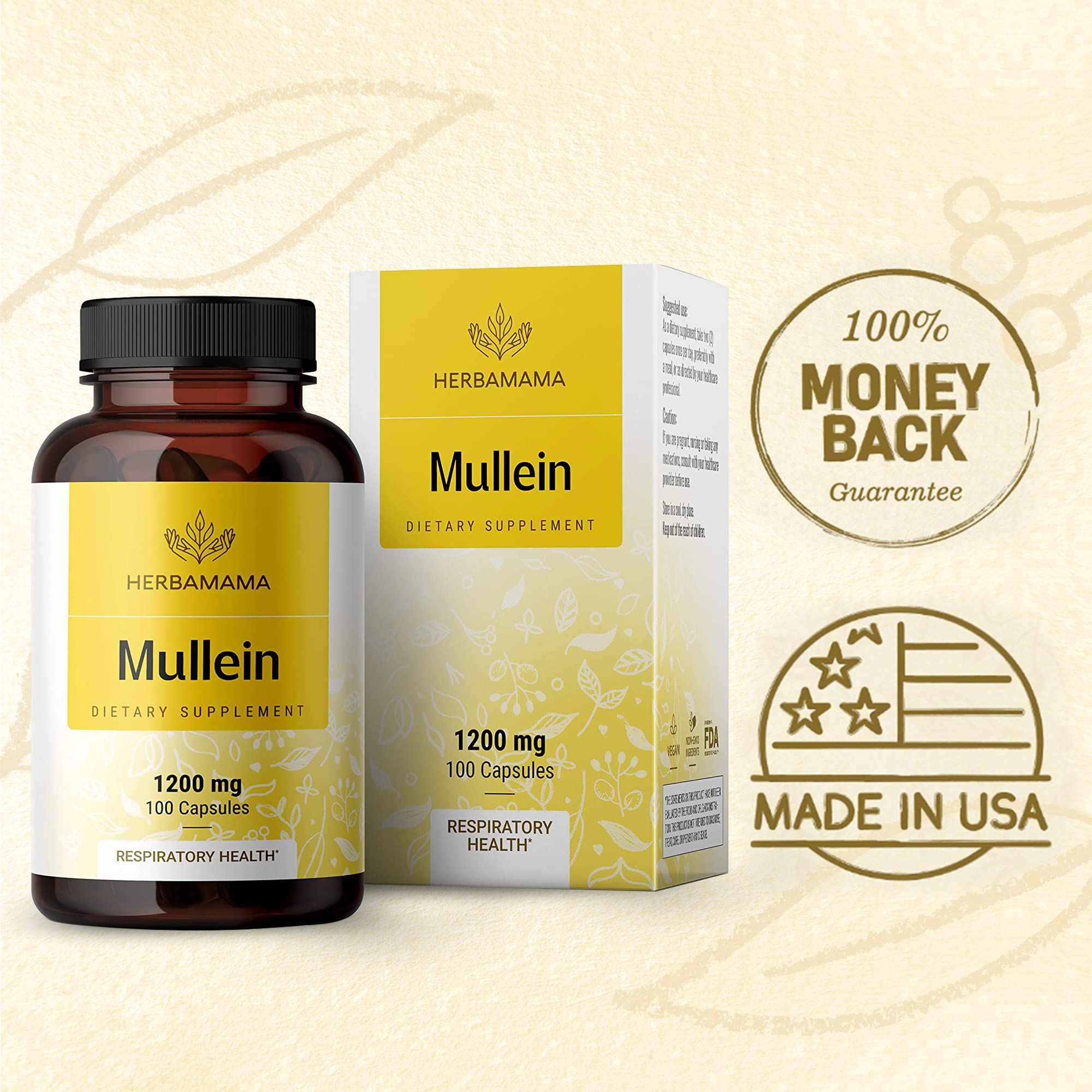 HERBAMAMA Mullein Leaf Capsules Respiratory Health - Organic Mullein Leaf Extract HERBAMAMAUS supplements