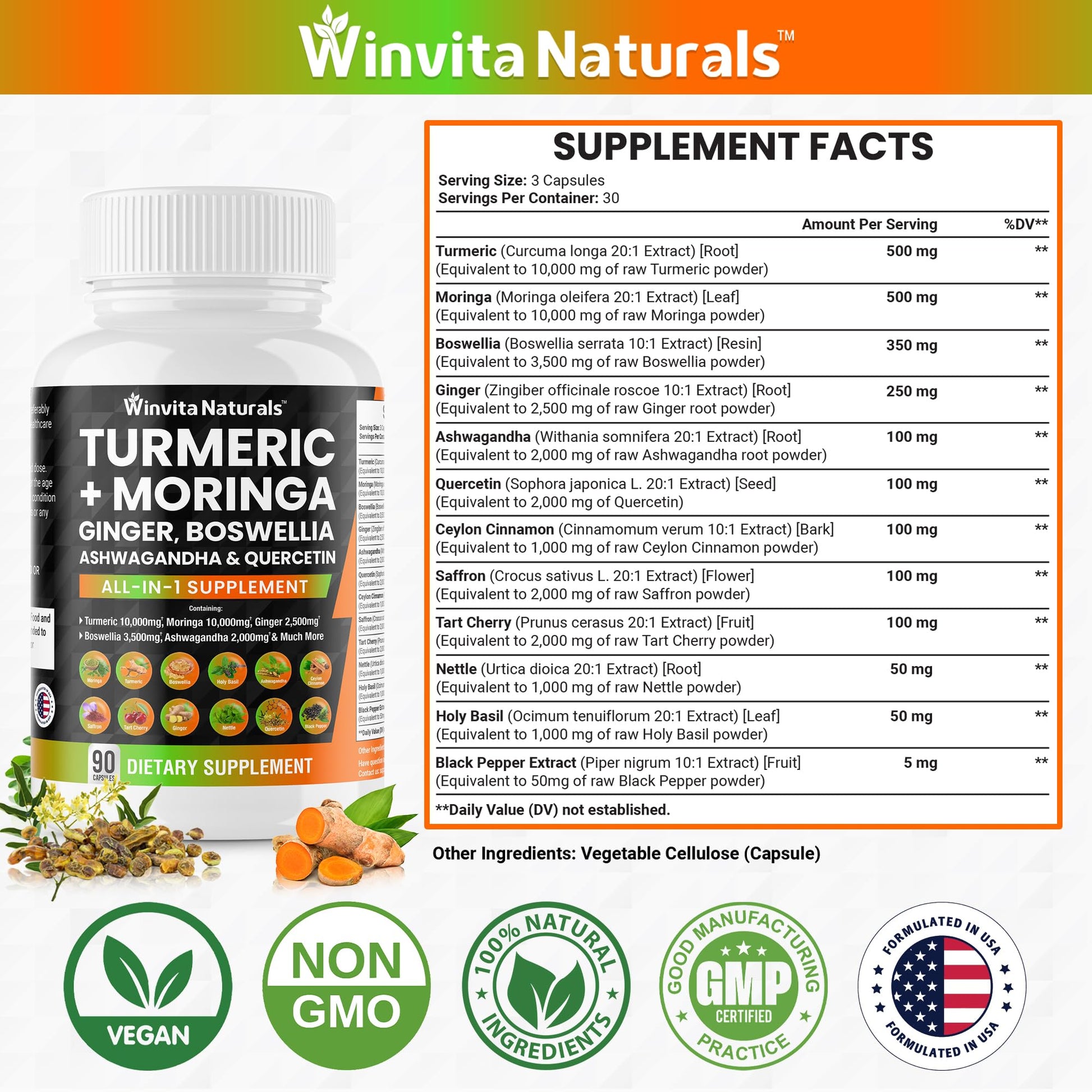 Turmeric Curcumin 10000mg Moringa 10000mg Boswellia 3500mg Ginger 2500mg Winvita NaturalsUS supplements