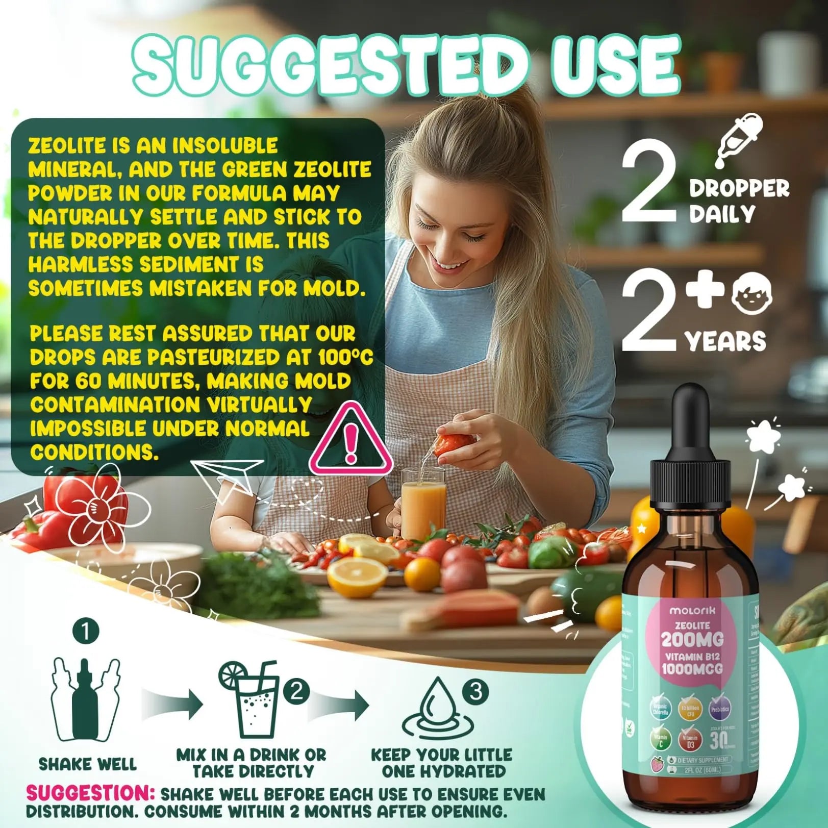 Zeolite Detox for Kids and Adults, 200mg Zeolite Liquid Drops with 1000mcg Vitamin B12, Organic Chlorella, 10 billion CFU & Prebiotics for Gut Support & Speech, Immune, Bone, Energy*, Strawberry, 60ML molorik purenz supplements