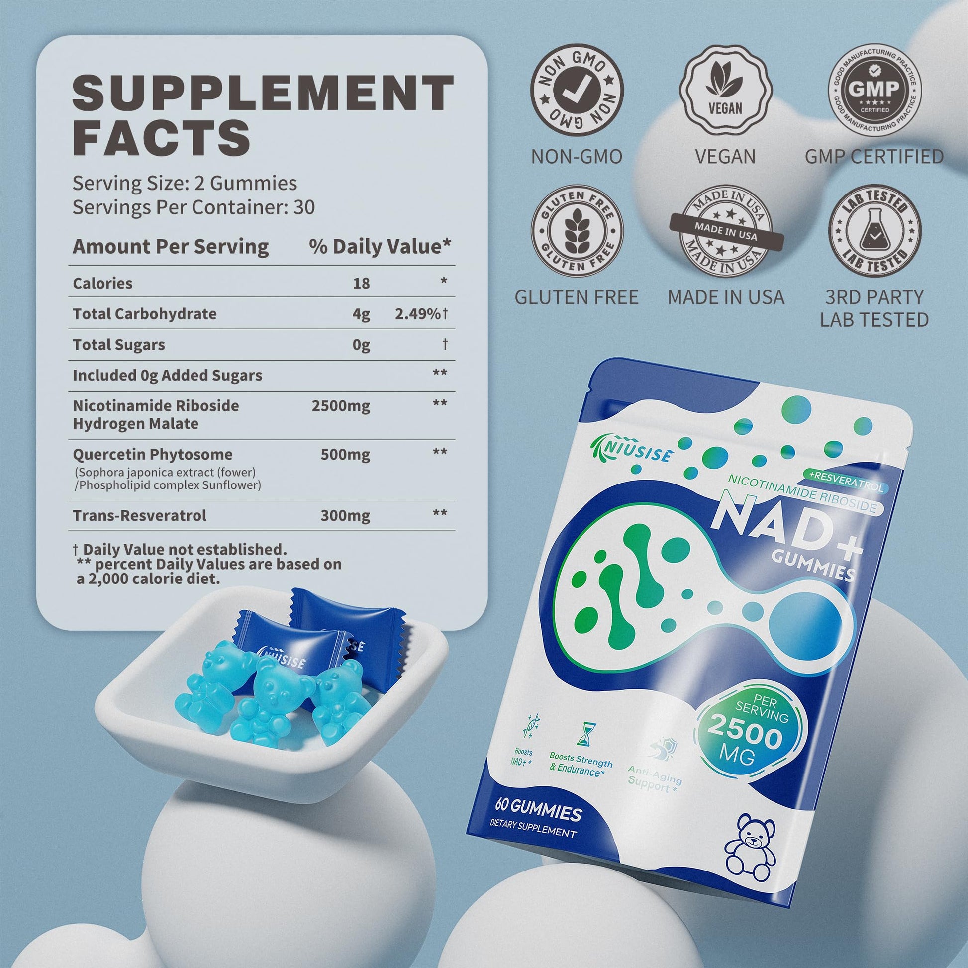 NIUSISE NAD Gummies Sugar Free, NAD+ Supplement with Liposomal Nicotinamide Riboside, Resveratrol, Quercetin, NAD Supplement for Anti-Aging, Energy, Cellular Health, Blueberry Flavor, 60 Gummies NIUSISEAu supplements