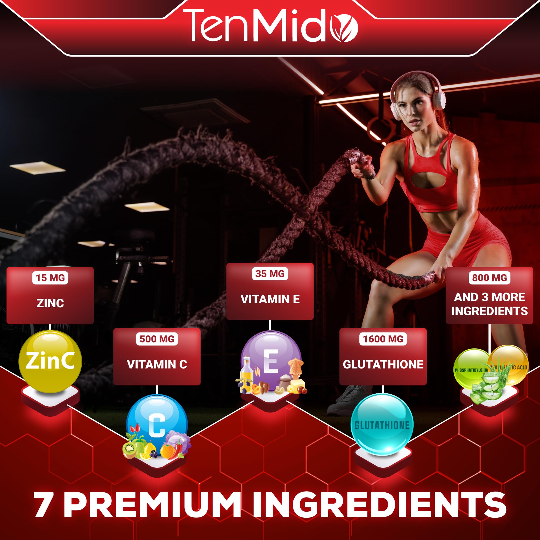 Tenmido Liposomal Glutathione Supplement - 7in1 Liquid Drops with Zinc, Vitamin C, Vitamin E, Phosphatidylcholine, Hyaluronic Acid, and Aloe Vera - Vegan, Non-GMO - 30ml 1 Fl Oz TenmidoAu supplements