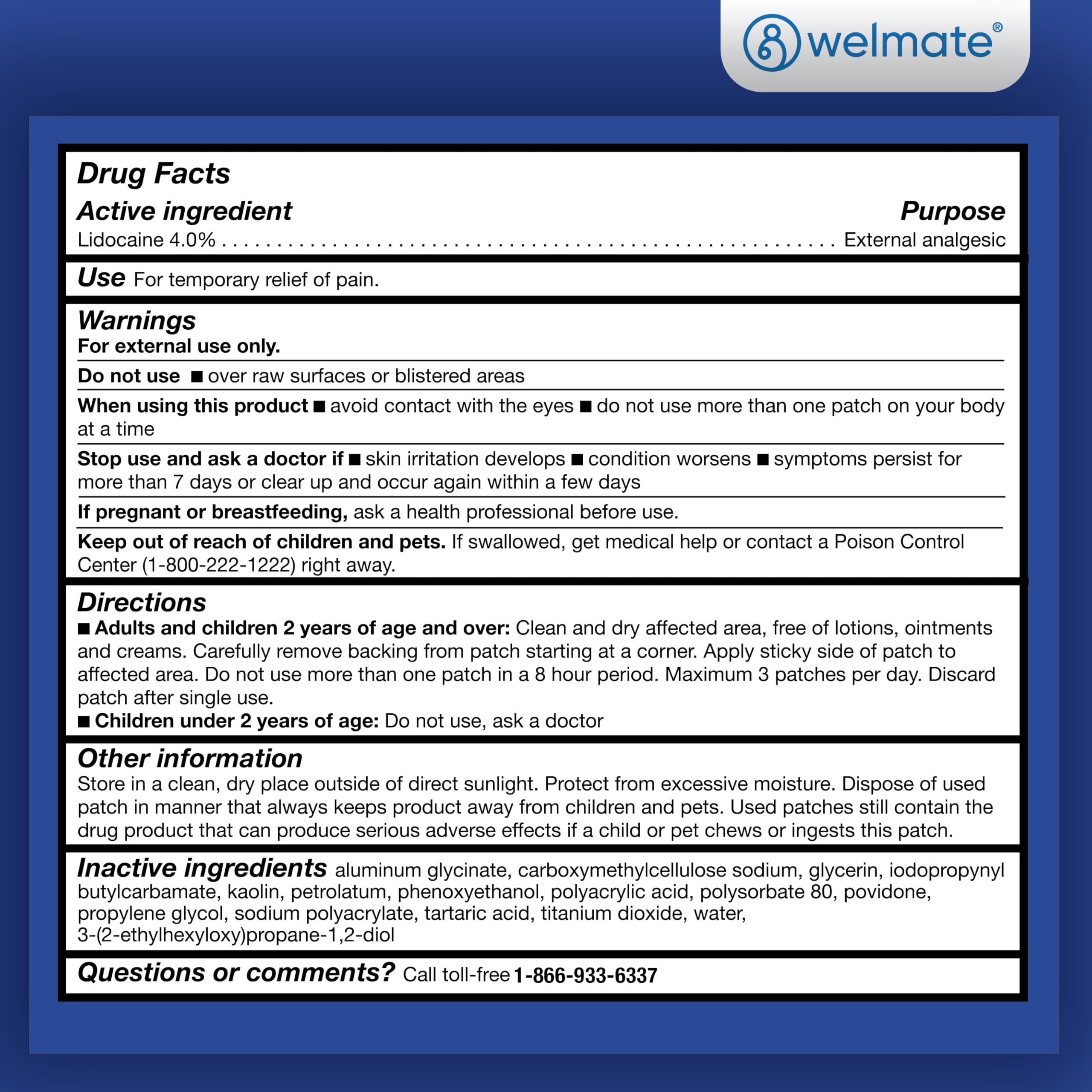 WELMATE - 4% Lidocaine Numbing Patch - Maximum Strength - Temporary Relief of Pain, Back, Neck, Shoulders, Knees, Elbows, Minor Skin Irritations - Topical Analgesic Unscented - 30 ct WELMATEAu supplements