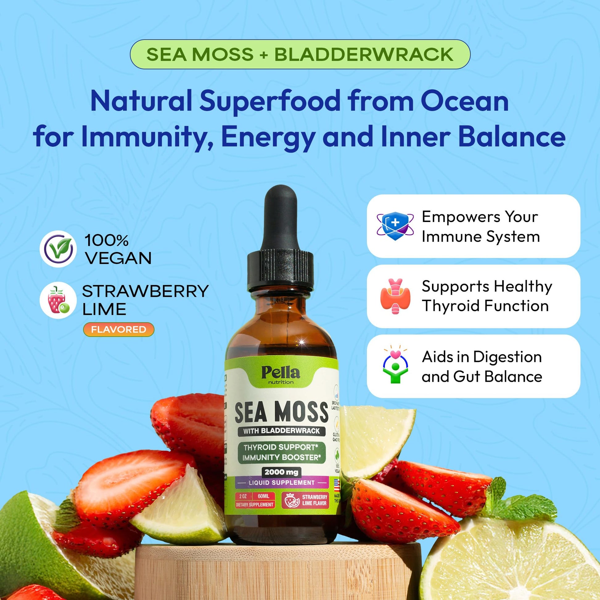 Pella Nutrition Sea Moss Drops with Bladderwrack – 4X Faster Absorption Than Irish Sea Moss Gel Superfood, Gummies, and Capsules – Digestive & Immune Support Supplement (Strawberry Lime, 60mL) Pella NutritionAu supplements