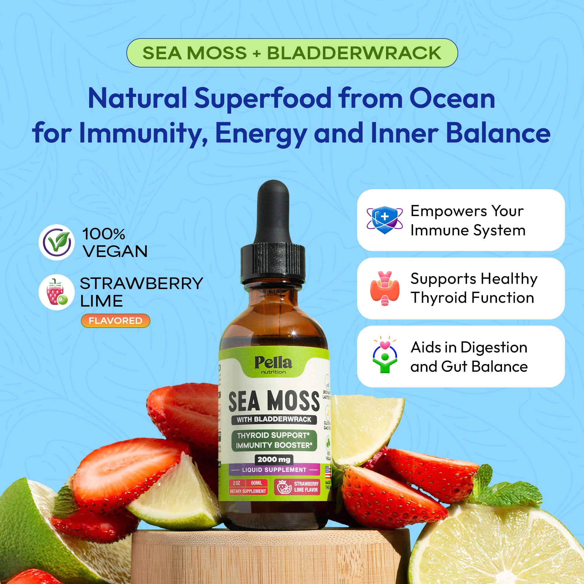 Pella Nutrition Sea Moss Drops with Bladderwrack – 4X Faster Absorption Than Irish Sea Moss Gel Superfood, Gummies, and Capsules – Digestive & Immune Support Supplement (Strawberry Lime, 60mL) Pella NutritionAu supplements