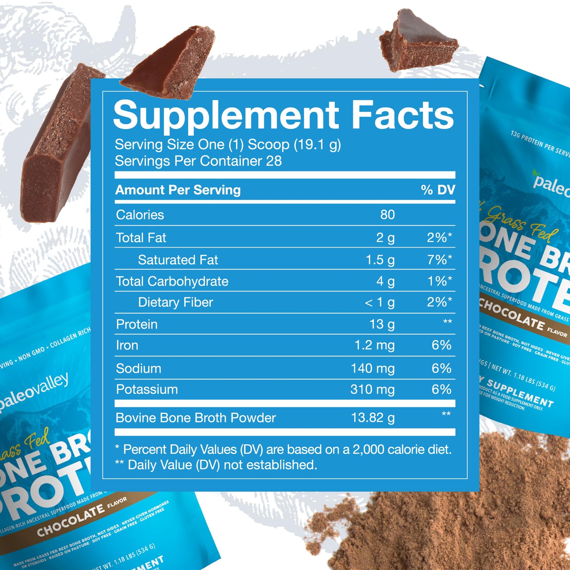 Paleovalley 100% Grass Fed Bone Broth Protein Powder - Chocolate - Rich in Collagen PaleovalleyUS supplements