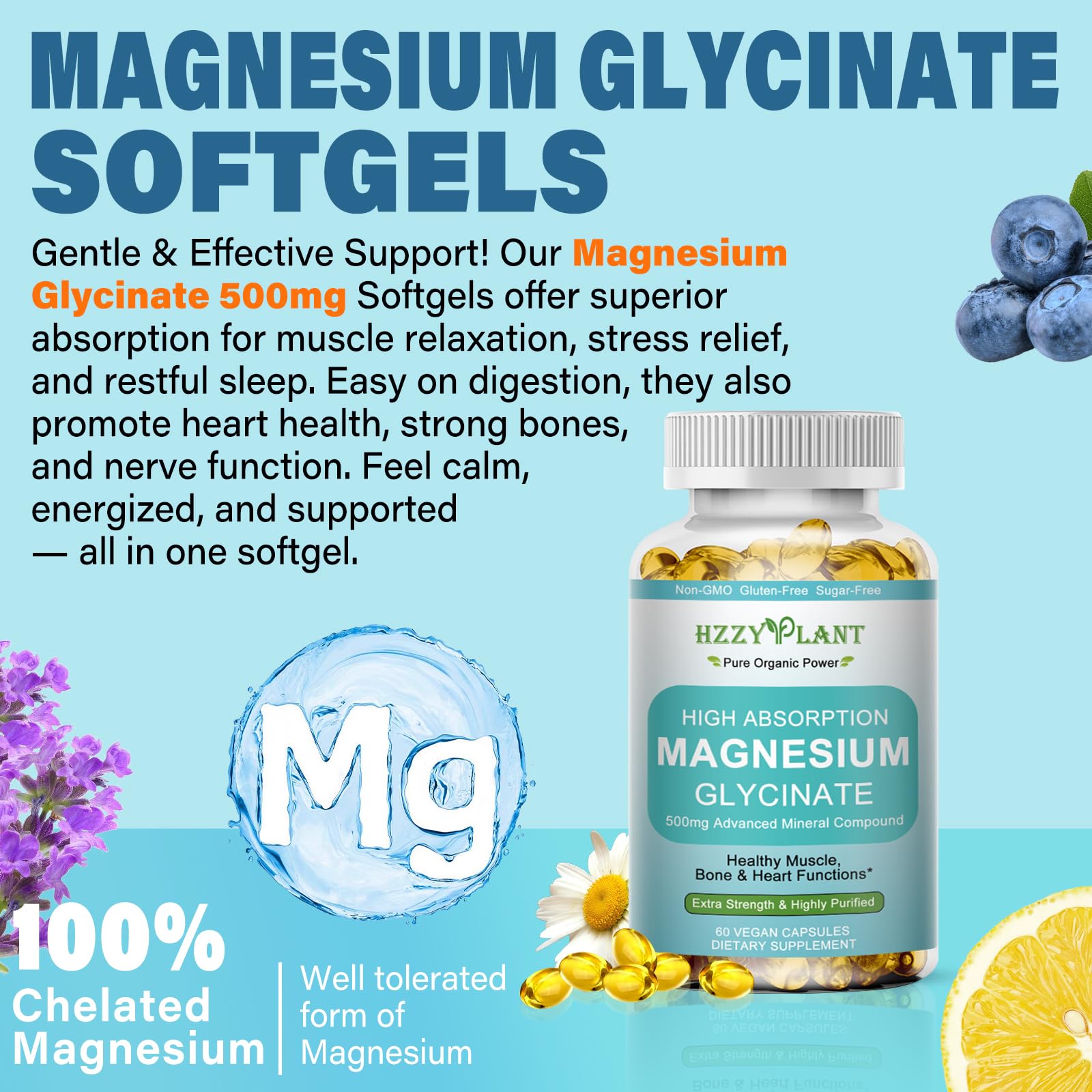 Magnesium Glycinate 500mg Softgels, High Absorption Magnesium Supplement Softgel Capsules for Muscle, Heart, Sleep & Bone Support, Stress Relief, Nerve Health & Metabolism, Non-GMO, 2 Month Supply HZZYPLANTAu supplements