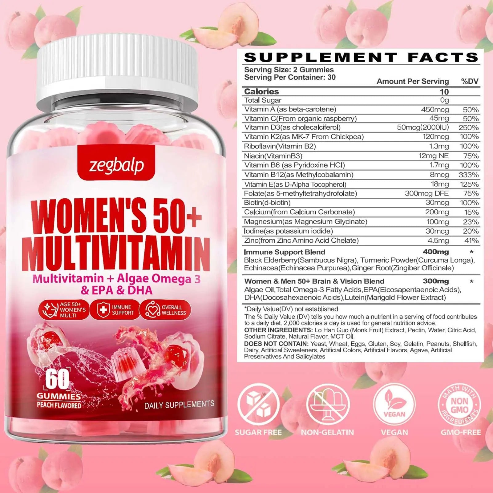 ZEGBALP Sugar-Free Womens Multivitamin 50 Plus Gummies with Calcium, Magnesium, Zinc, Vitamin A, C, D3, E, K2, B Complex, Folate, Biotin ZEGBALPAu supplements
