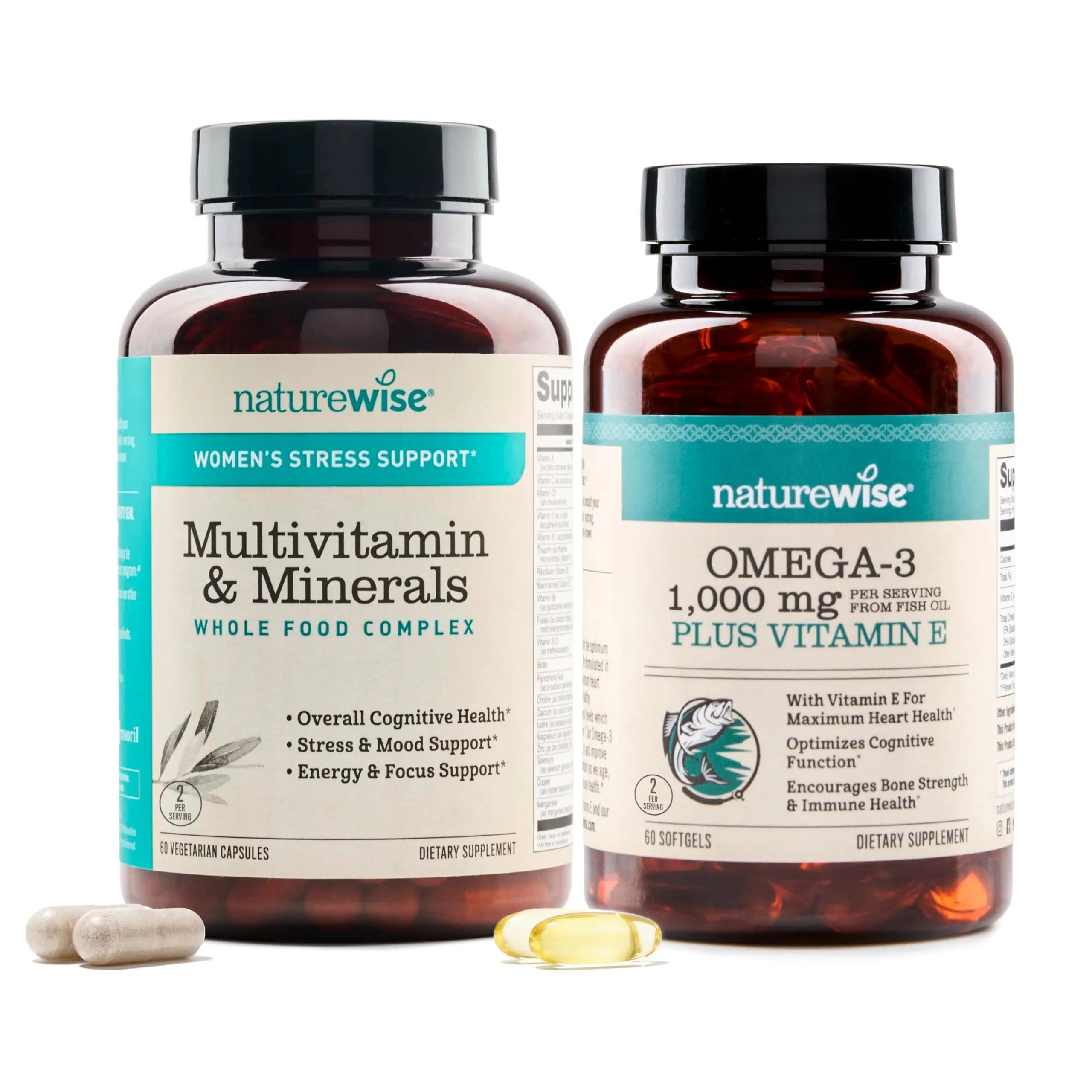 [1] NatureWise Multivitamin for Women Stress Support & Natural Minerals - 60 Ct[30-Day Supply] + [1] Omega 3 Fish Oil 1000mg + Vitamin E - Wild-Caught - 60 Softgels[30-Day Supply] NatureWiseAu supplements