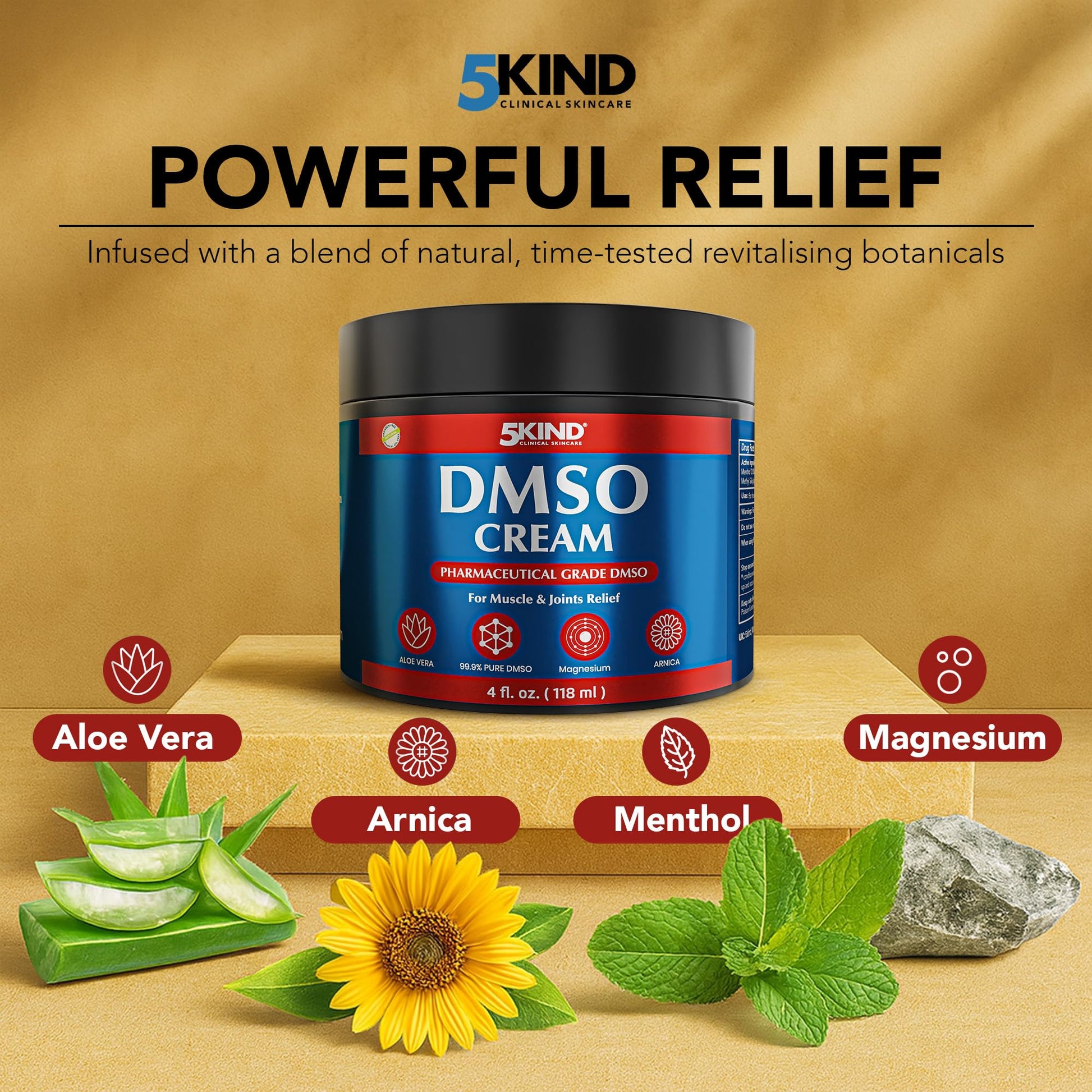 5Kind DMSO Cream for Pain Relief 4 fl oz - 99.9% Pure DMSO Pharmaceutical Grade Cream - Aloe Vera, Magnesium, Arnica & Menthol - Topical Muscle and Joint Pain Relief - Registered NDC - Made in USA 5kind clinical skincareAu supplements