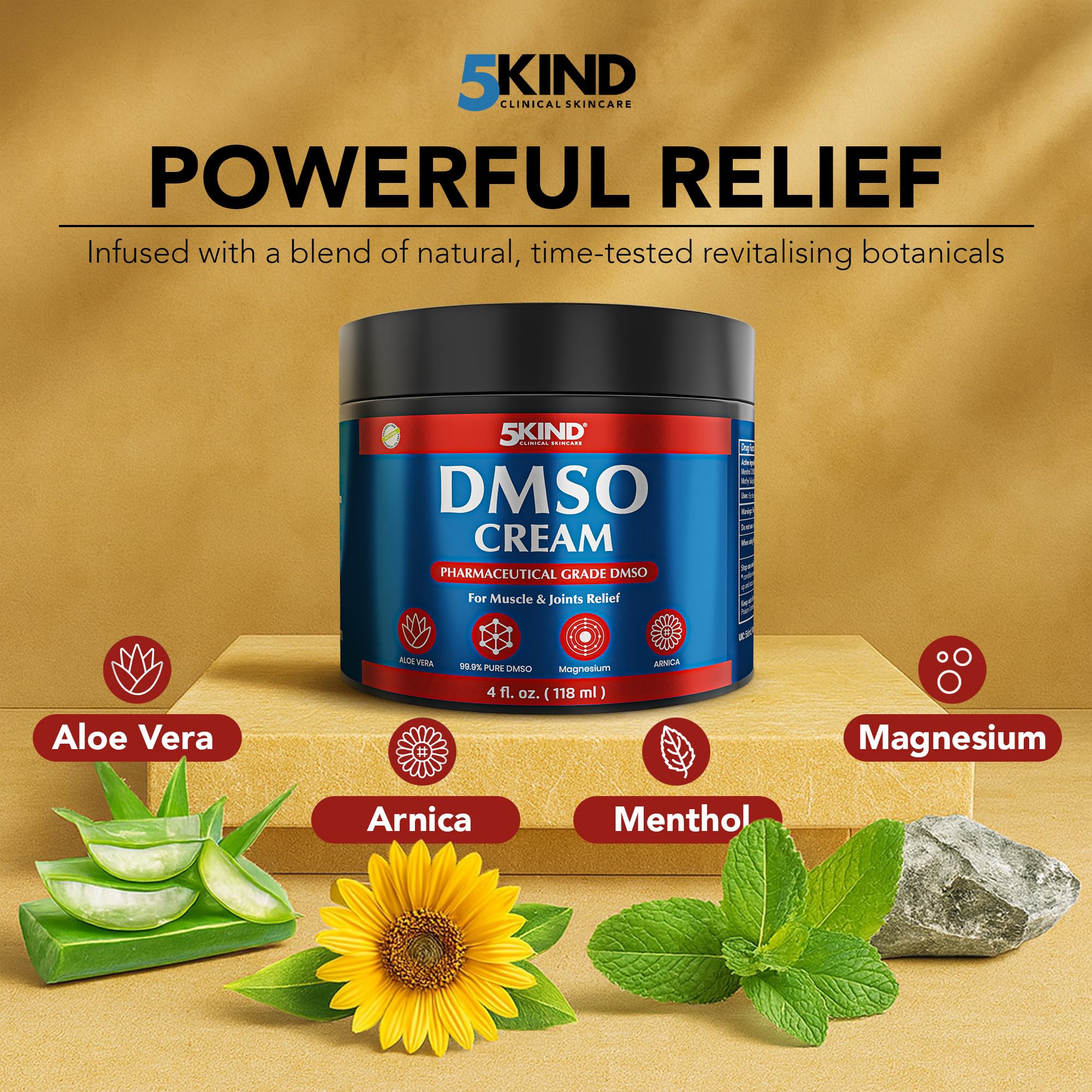 5Kind DMSO Cream for Pain Relief 4 fl oz - 99.9% Pure DMSO Pharmaceutical Grade Cream - Aloe Vera, Magnesium, Arnica & Menthol - Topical Muscle and Joint Pain Relief - Registered NDC - Made in USA 5kind clinical skincareAu supplements