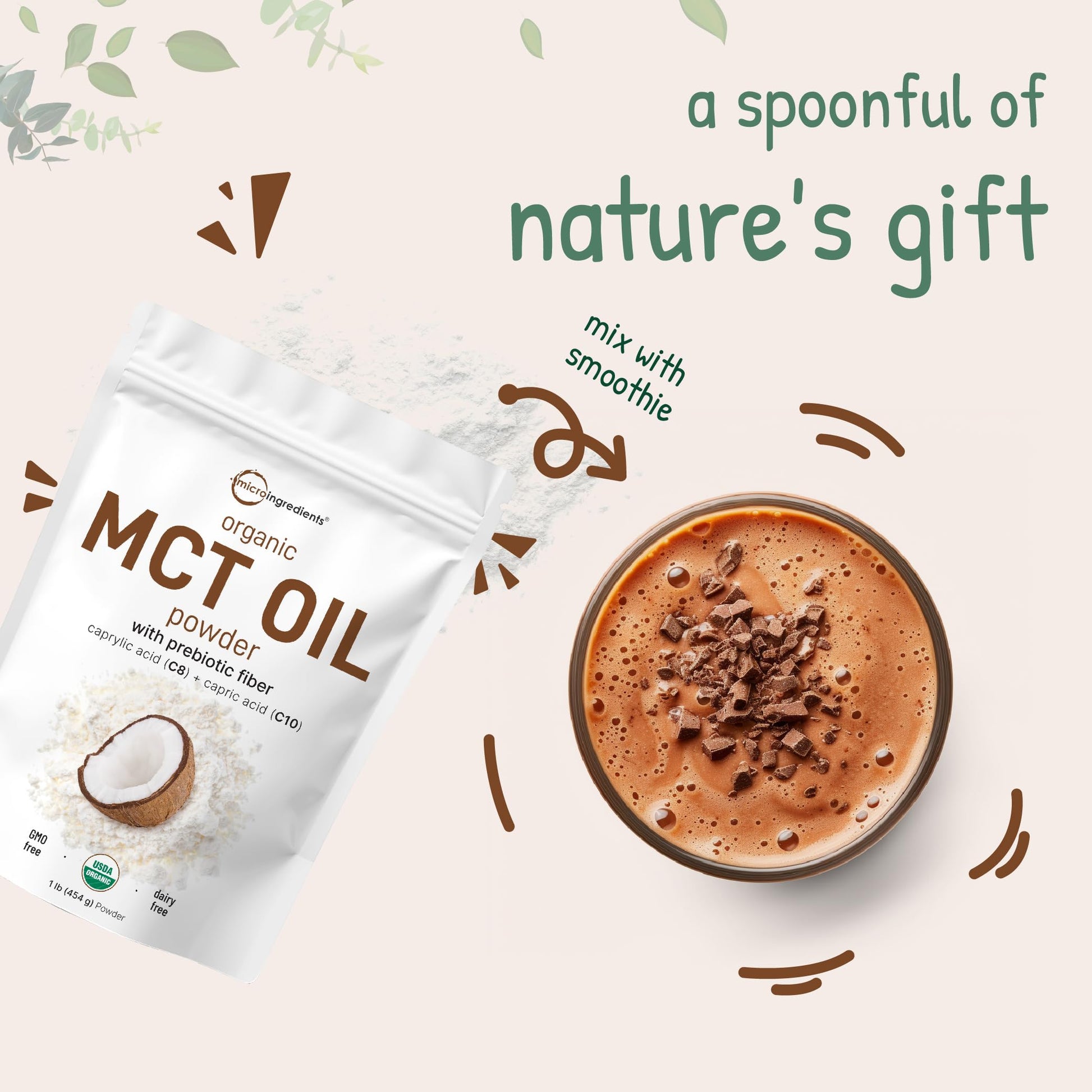 Organic MCT Oil Powder with Prebiotic Fiber,1 Pound(16 Ounce), Fast Fuel for Body and Brain Micro IngredientsAu supplements