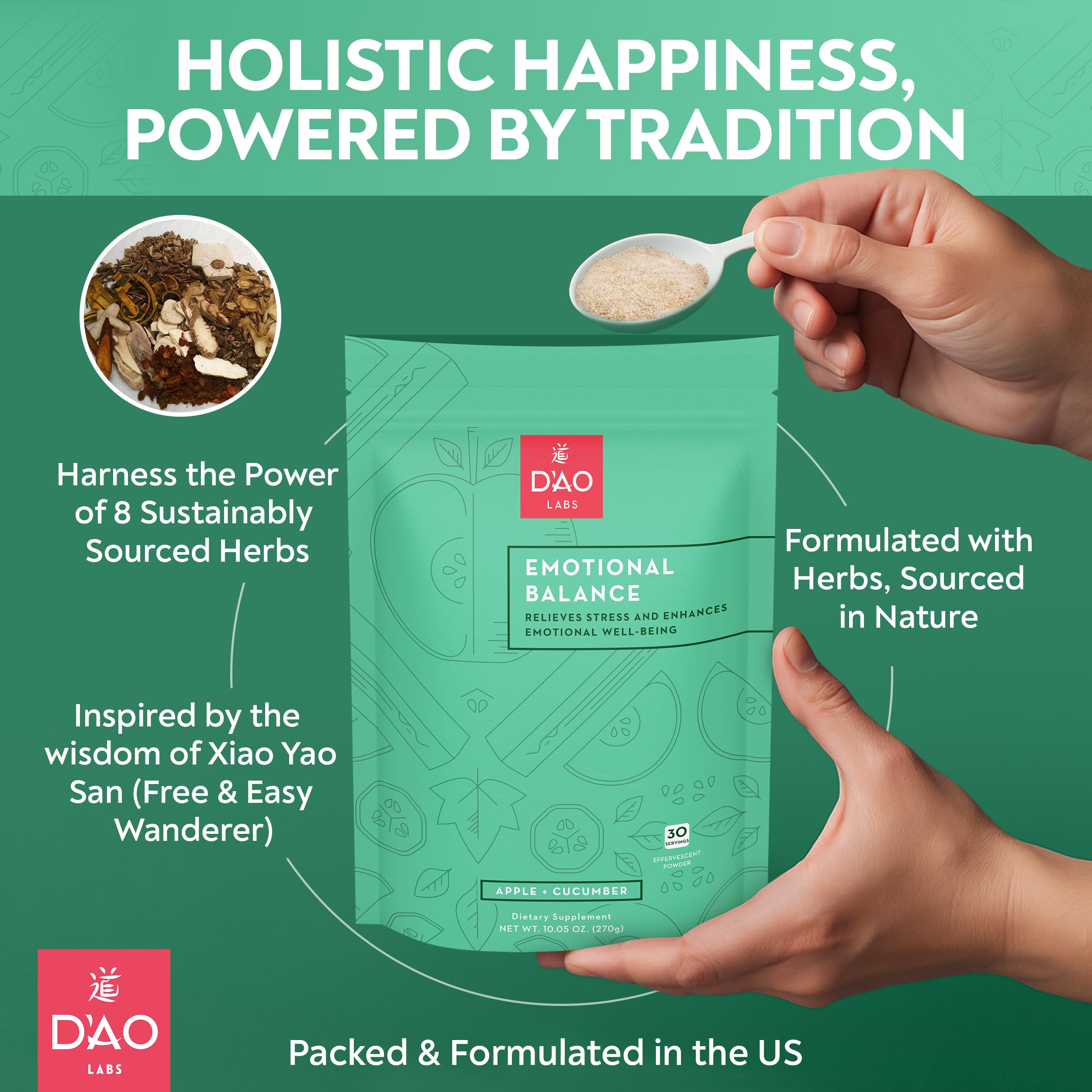 D'AO Labs Emotional Balance - Emotional Balance Powder - Calm & Stress Relief - Effervescent Powder with Apple-Cucumber Flavor - Xiao Yao San Traditional Chinese Herbal - 30 Individual Servings DAO LabsAu supplements