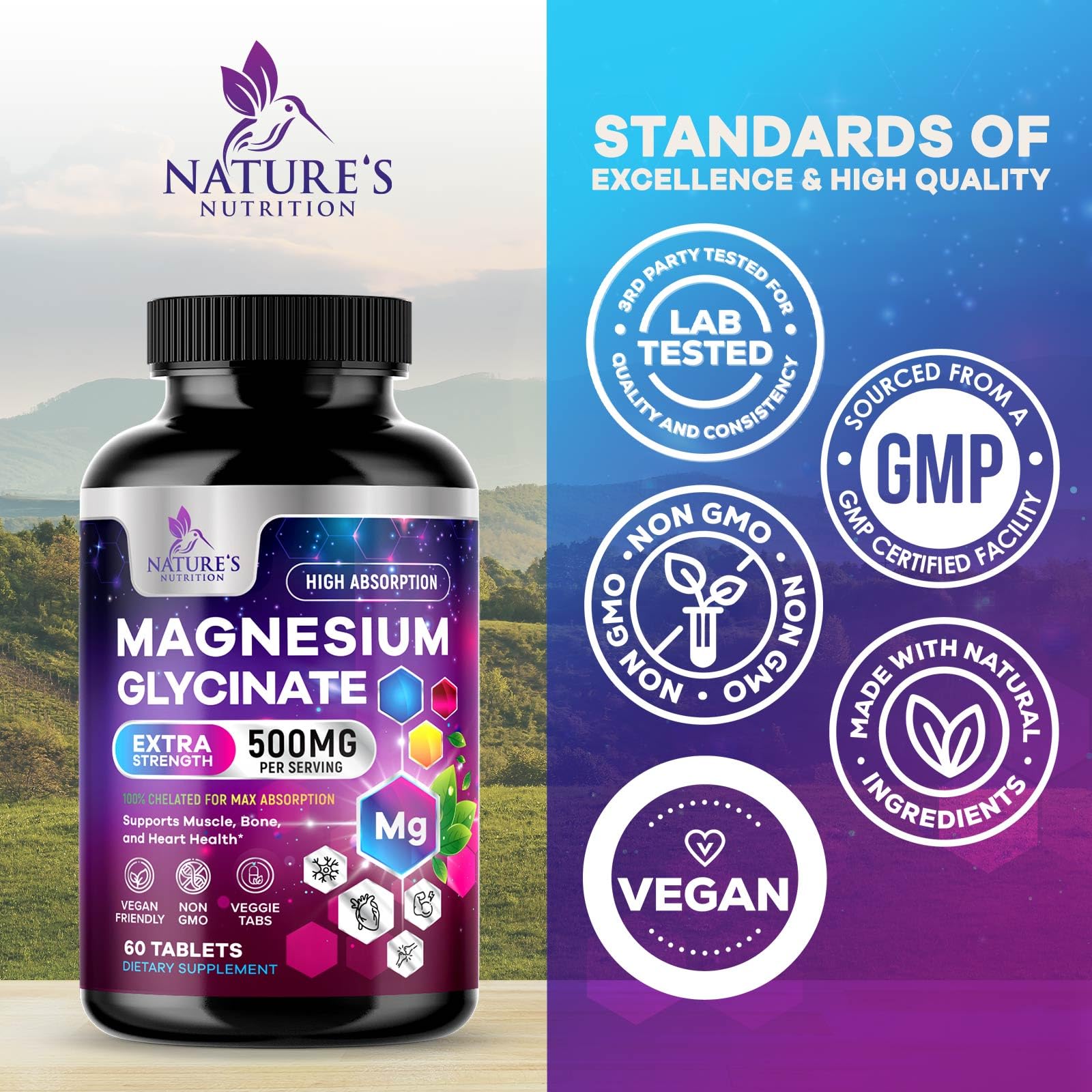 Magnesium Glycinate Supplement - 500mg Magnesium Per Serving - 100% Chelated & Purified - Supports Sleep, Heart Health, & Muscle Strength - Best Absorption Magnesium, Bottled in USA - 60 Tablets Nature's NutritionAu supplements