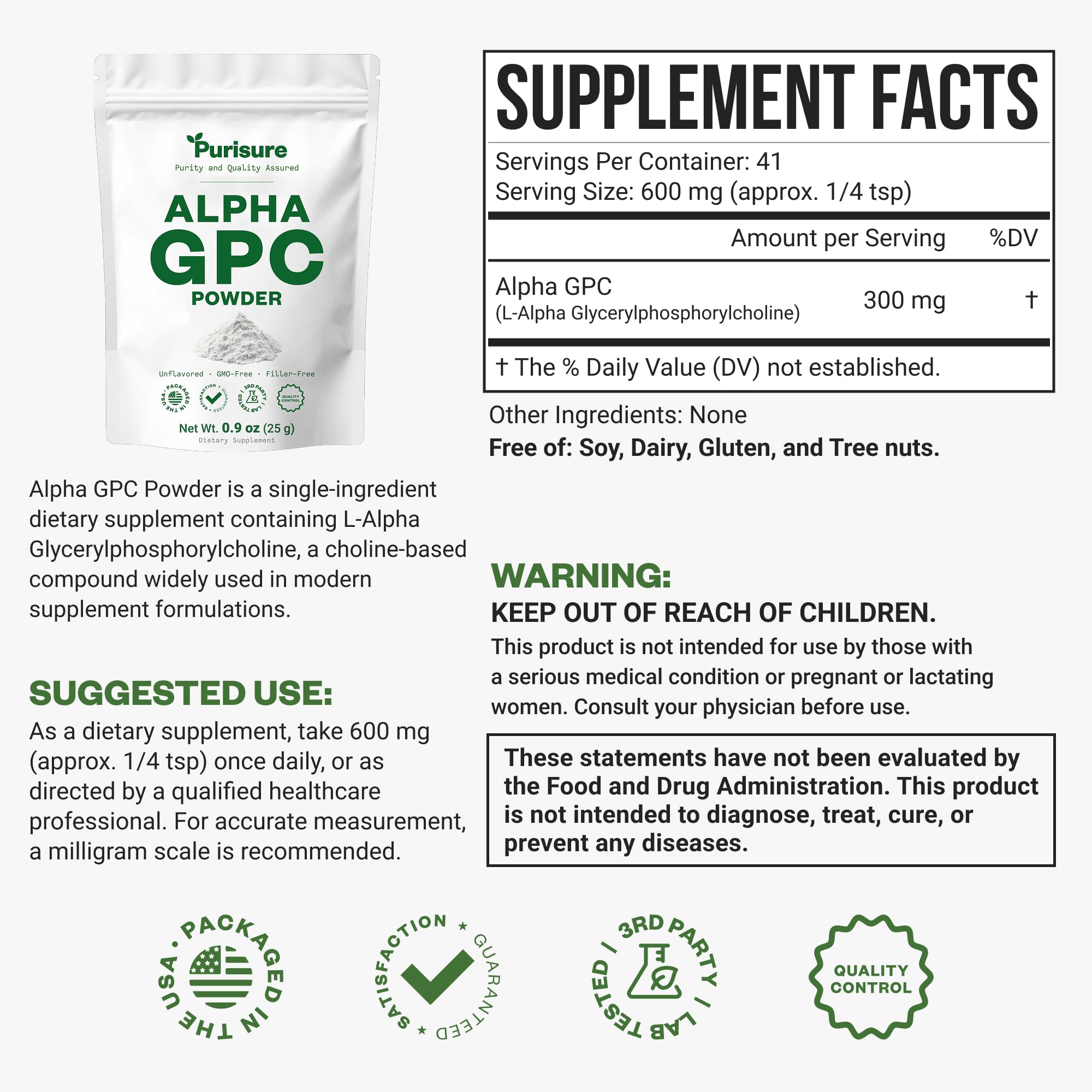Purisure Alpha GPC Powder, 25 g, Pure Alpha GPC Choline Supplement for Brain and Focus, CDP Choline Supplements for Memory Performance & Concentration, No Fillers, Non-GMO, Offers 41 Servings PurisureAu supplements