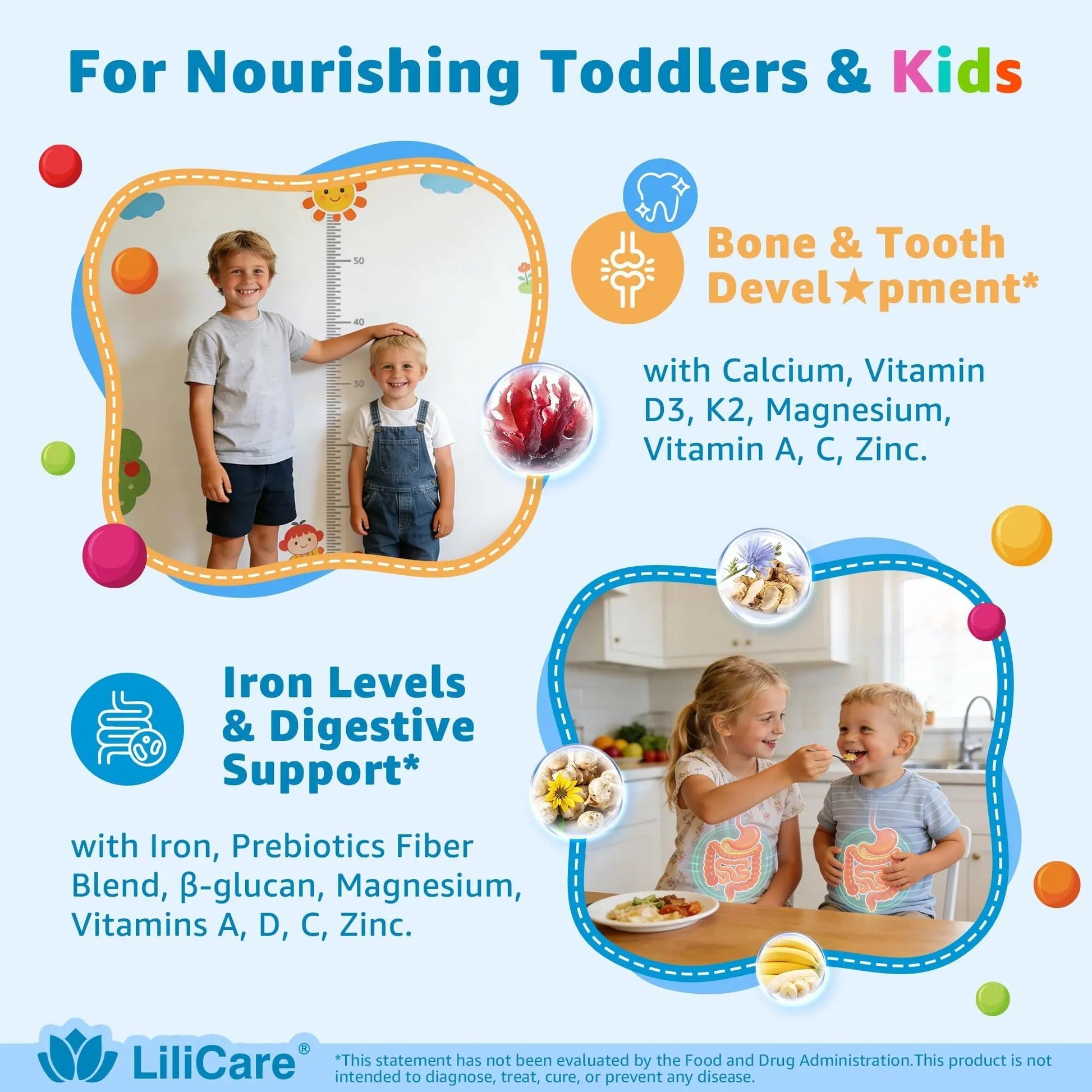 Toddler Multivitamin Gummies with Iron, Omega-3, ARA, Calcium, Prebiotic | Methylated Vitamins for Kids Ages 2+ | Overall Support | LILICAREAu supplements