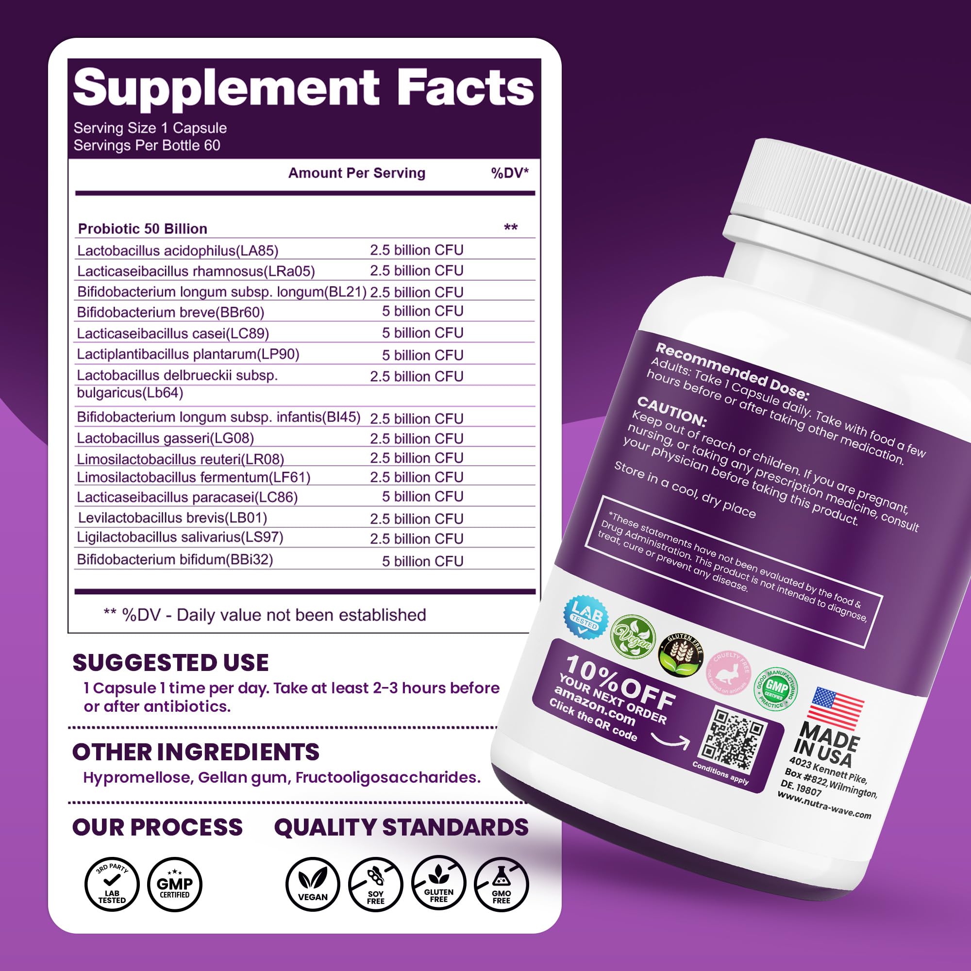 Nutrawave 50 Billion Probiotics for Women & Men, 15 Strains Active Culture. Relieves Bloating & Constipation, Improved Digestion & Gut Health Supplement, Vegan. 60 Powerful Small Capsules. Nutra WaveAu supplements