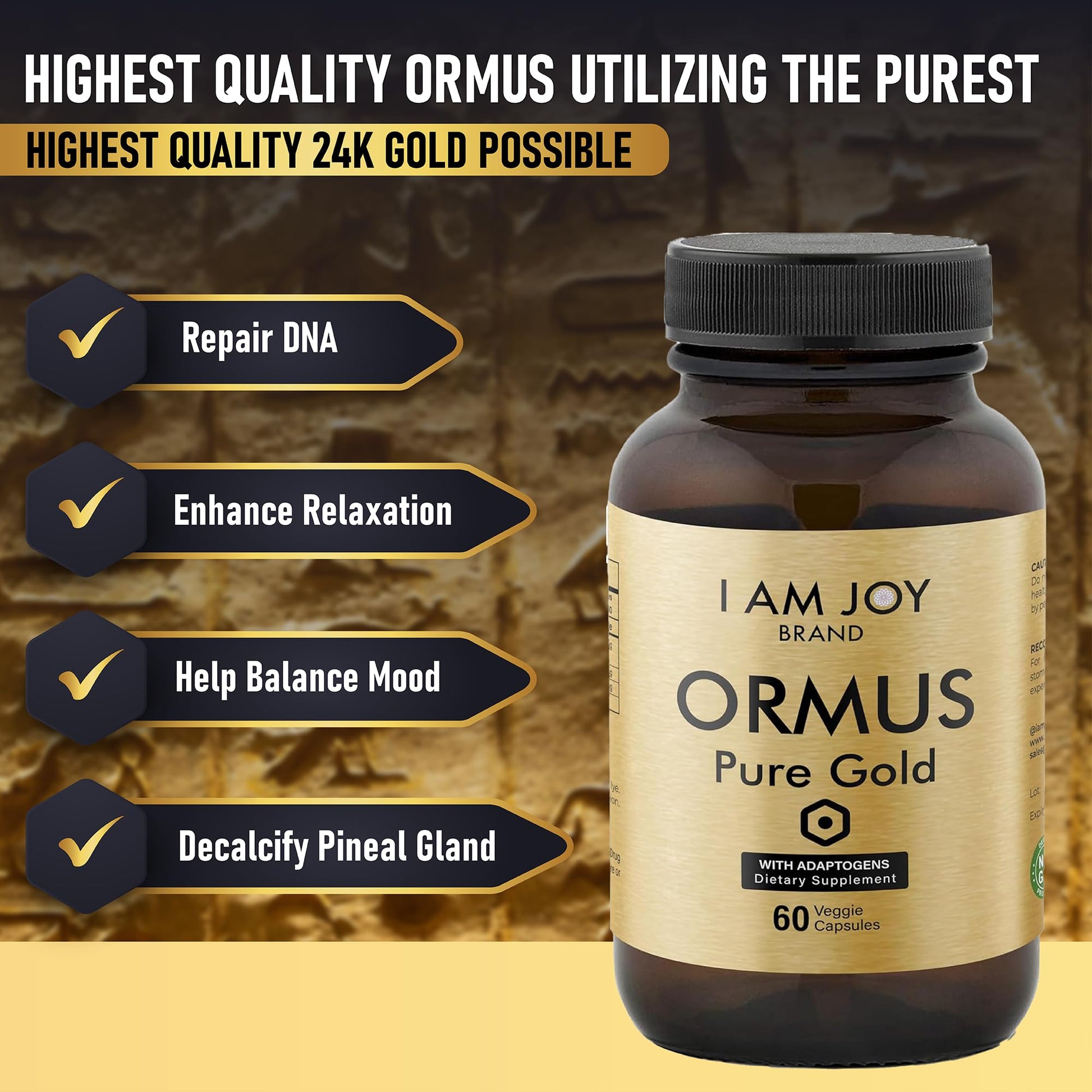 I Am Joy co. Ormus Gold Capsules Monoatomic Elements with Adaptogens Maca and Ashwaganda | May Help Balance Mood, Decalcify Pineal Gland, Repair DNA, Enhance Relaxation - 60 Vegan Capsules I Am Joy co.Au supplements