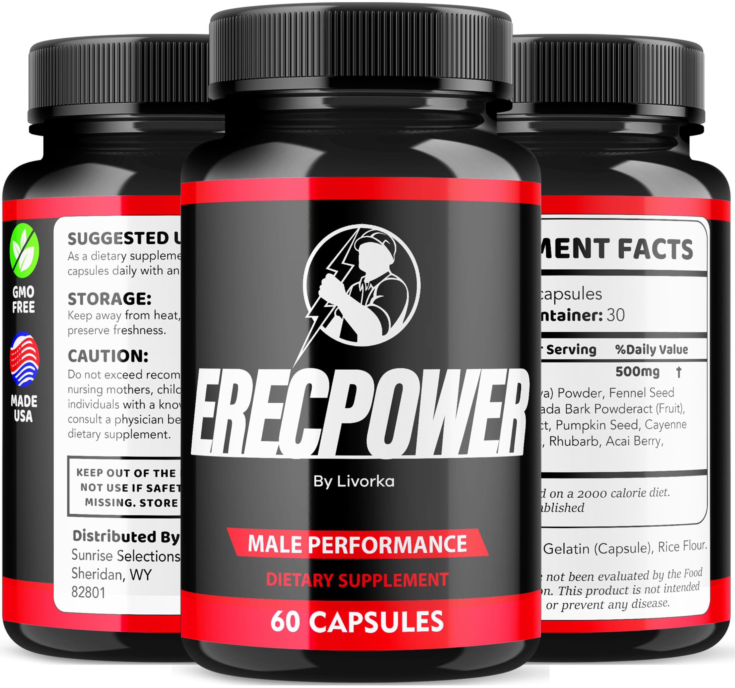 LIVORKA Erecpower Multivitamin Male Performance Capsules for Mens Health, Advanced Formula - 300 Capsules (5 Month Supply) - Pack of 5 LIVORKAUS supplements