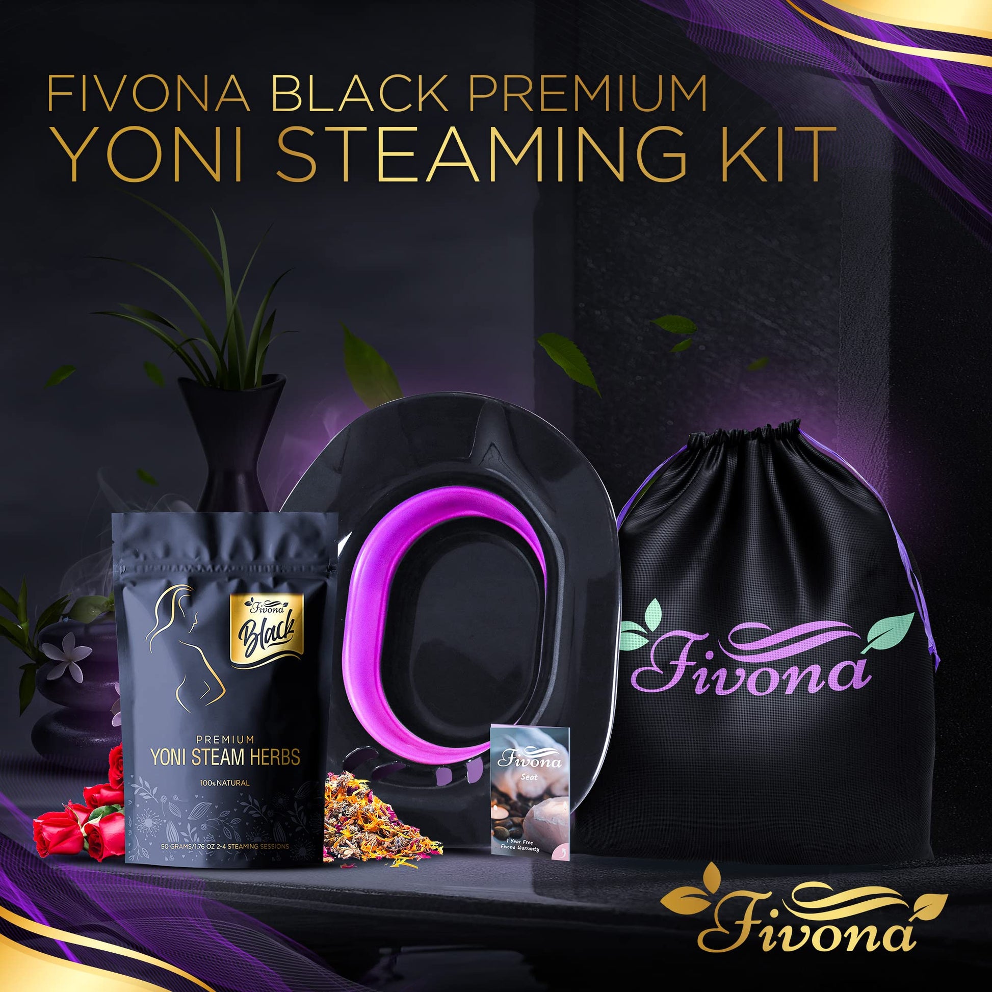 Fivona 3-in-1 Yoni Steam Kit Black - Foldable Over The Toilet Steamer Seat with Herbal Blend and Storage FIVONAAu supplements
