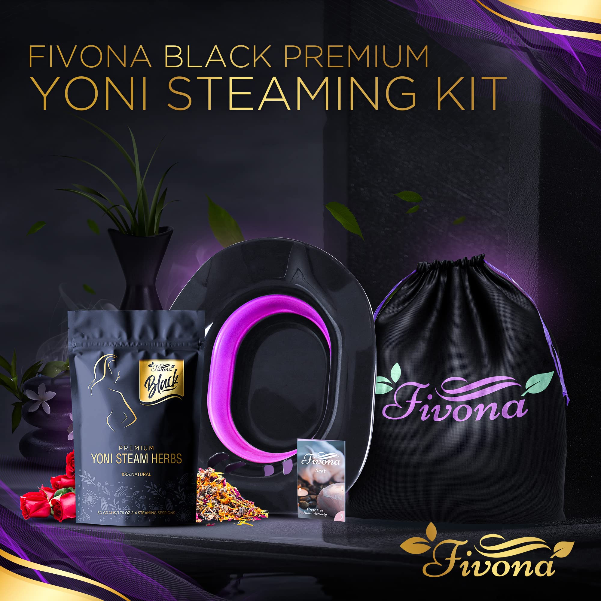 Fivona 3-in-1 Yoni Steam Kit Black - Foldable Over The Toilet Steamer Seat with Herbal Blend and Storage FIVONAAu supplements