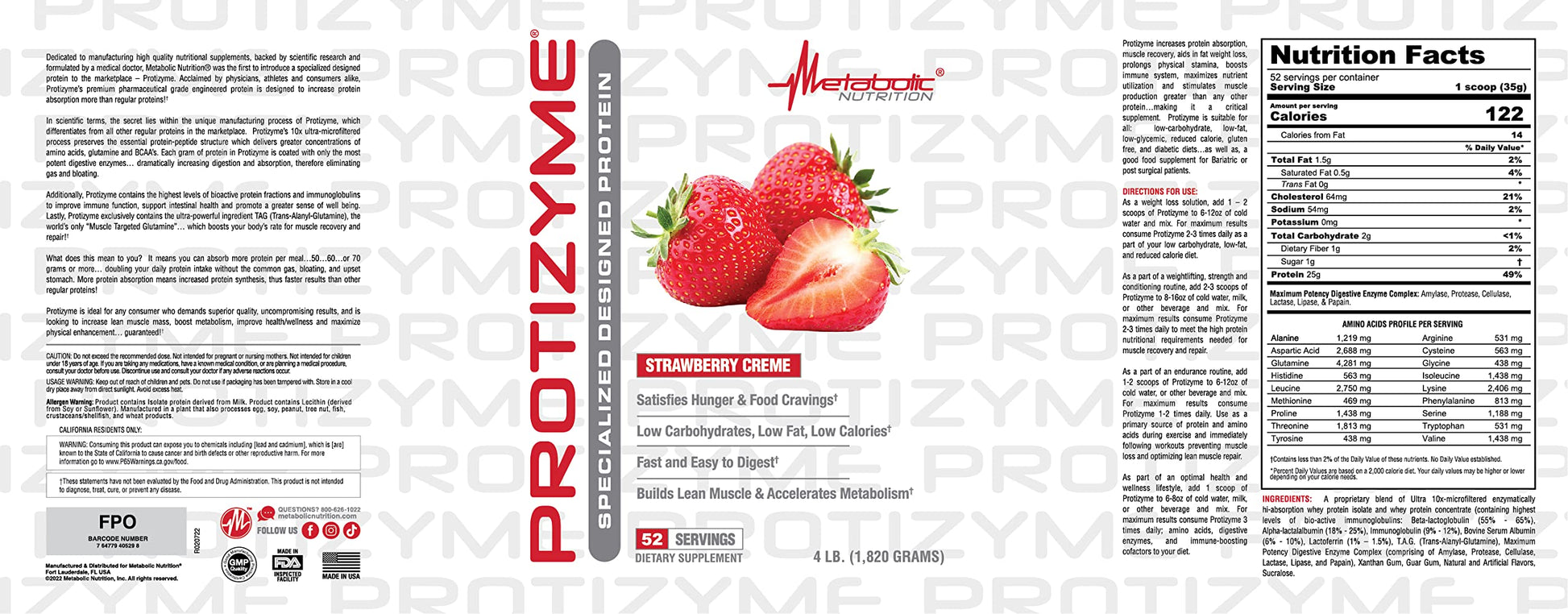Metabolic Nutrition, Protizyme, 100% Whey Protein Powder, High Protein, Low Carb Metabolic NutritionUS supplements